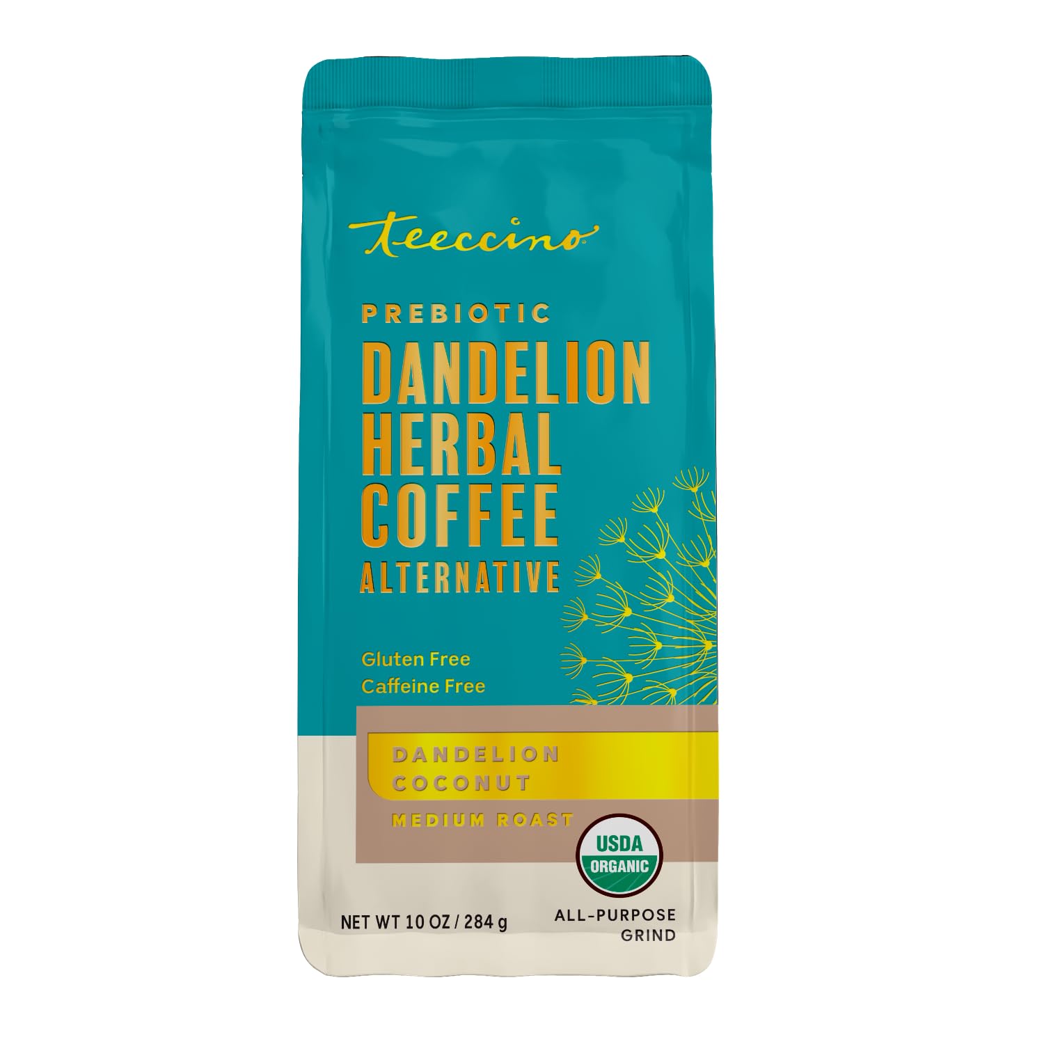 Teeccino 10 oz bag next to cup for size and serving comparison