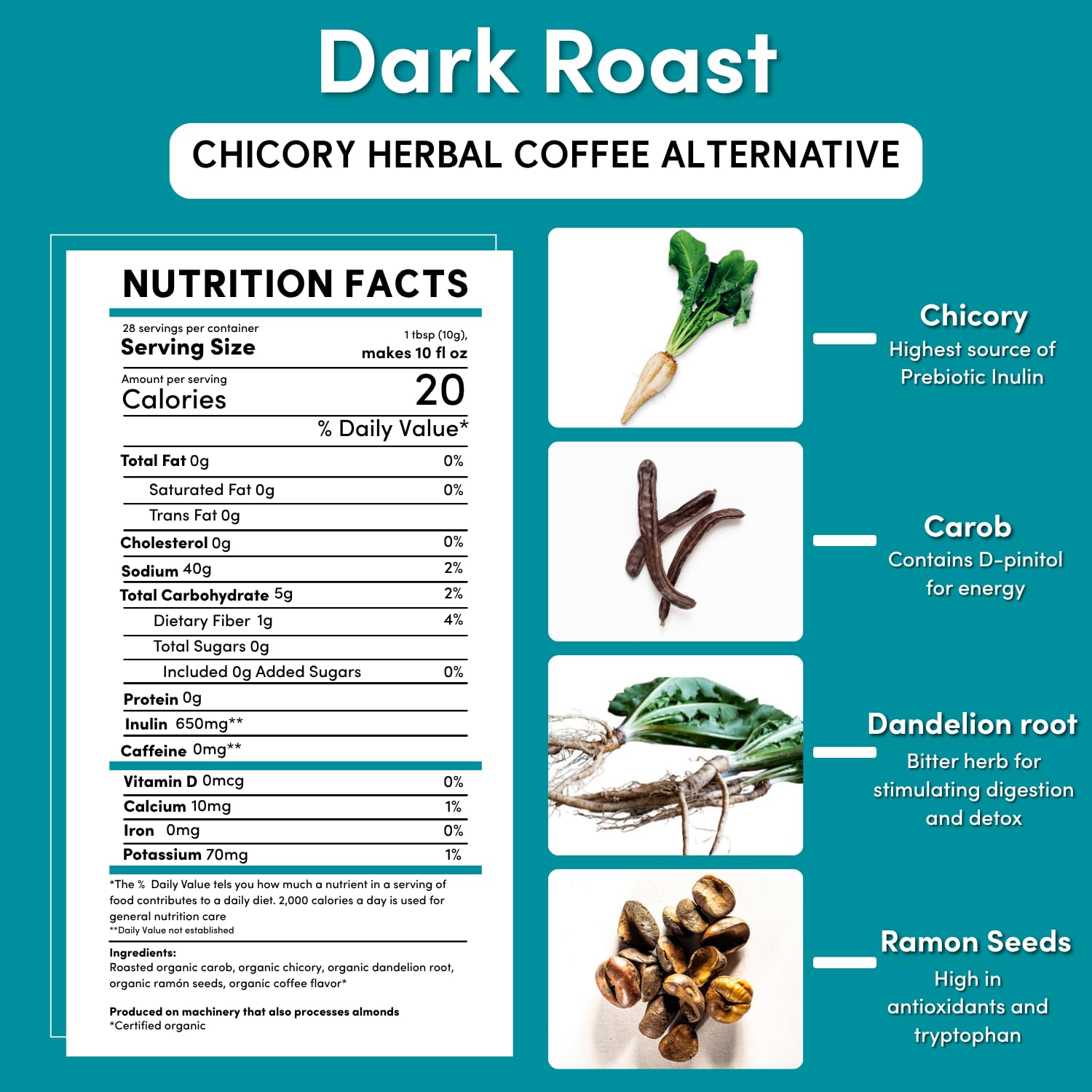 Steaming brewed cup of Teeccino Dandelion Dark Roast showcasing dark roast appearance and comforting warmth
