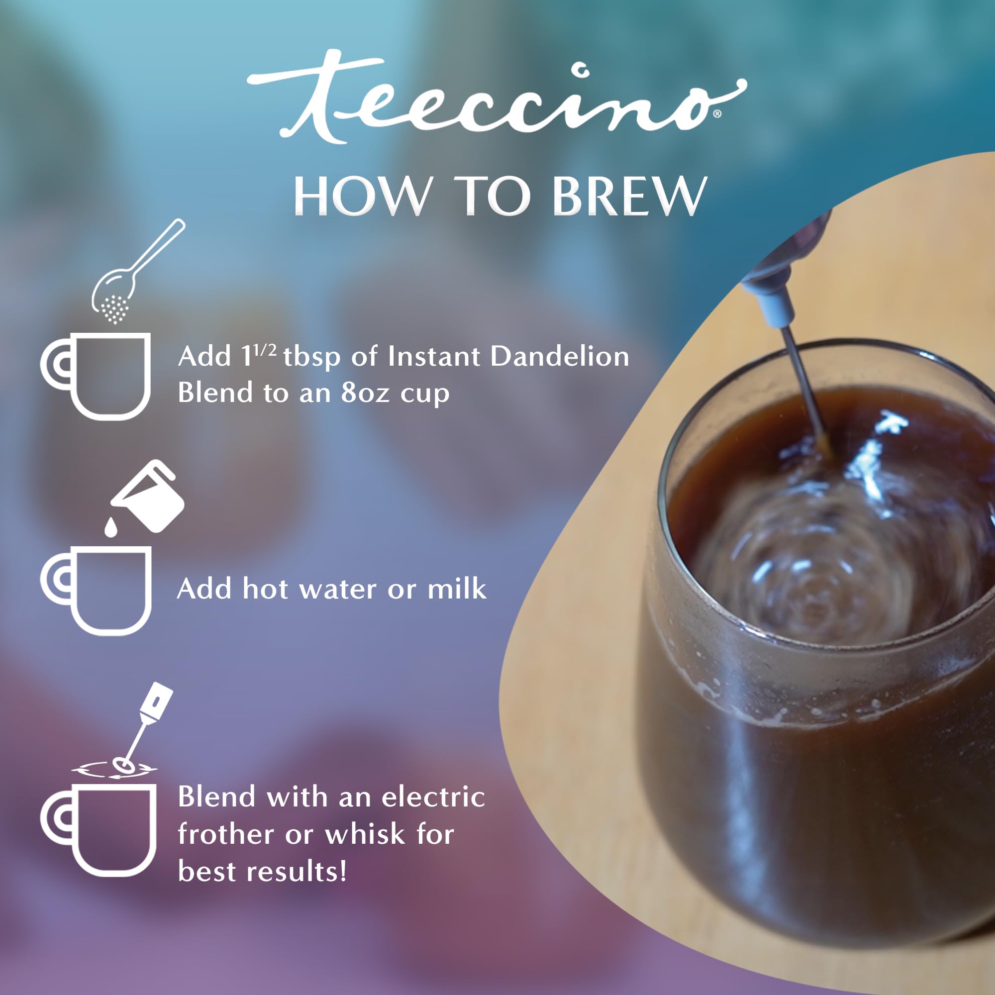 Teeccino hot latte in cup demonstrating creamy, coffee-like taste