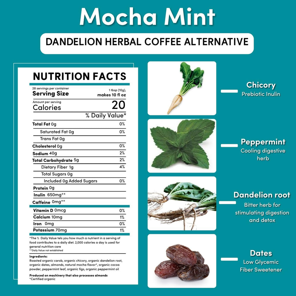 Brewed cup of Teeccino showcasing rich mocha mint aroma