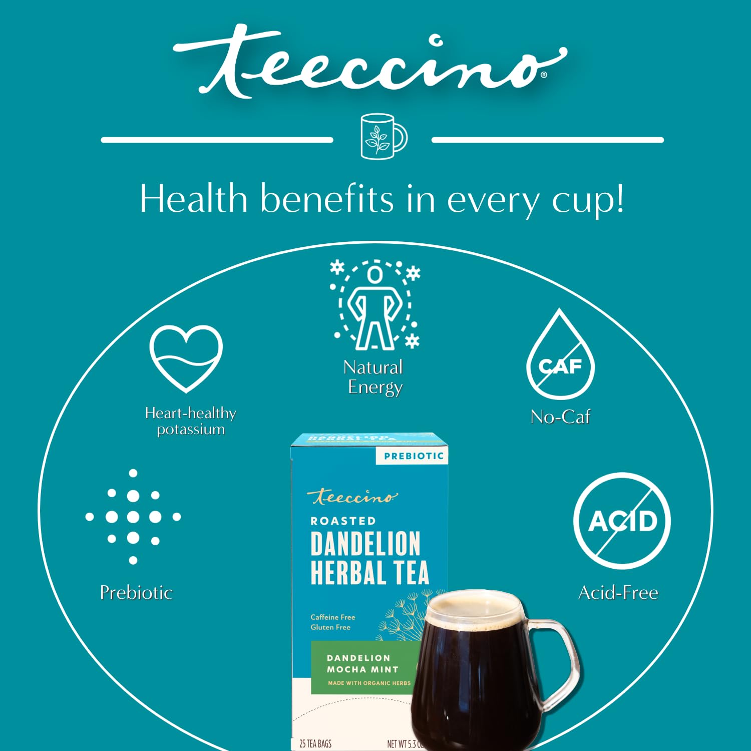 Teeccino latte in glass with frothed milk illustrating creamy dairy-free option