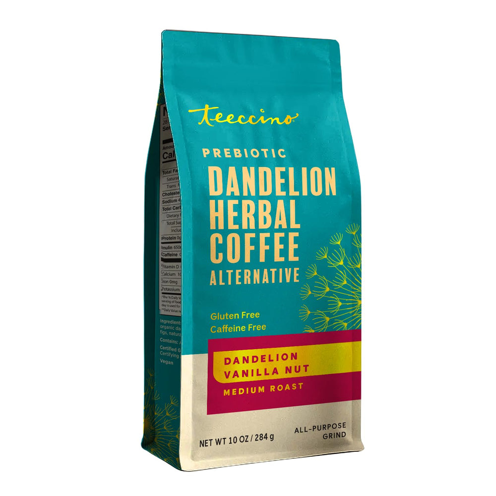 Teeccino front packaging showing 10 oz bag and product name, highlights convenience