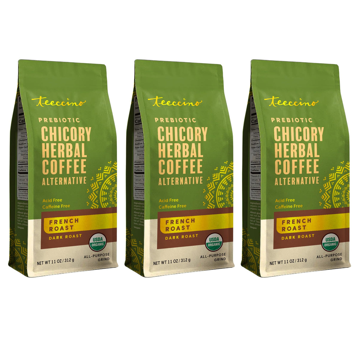 Teeccino front packaging showing product name and benefits