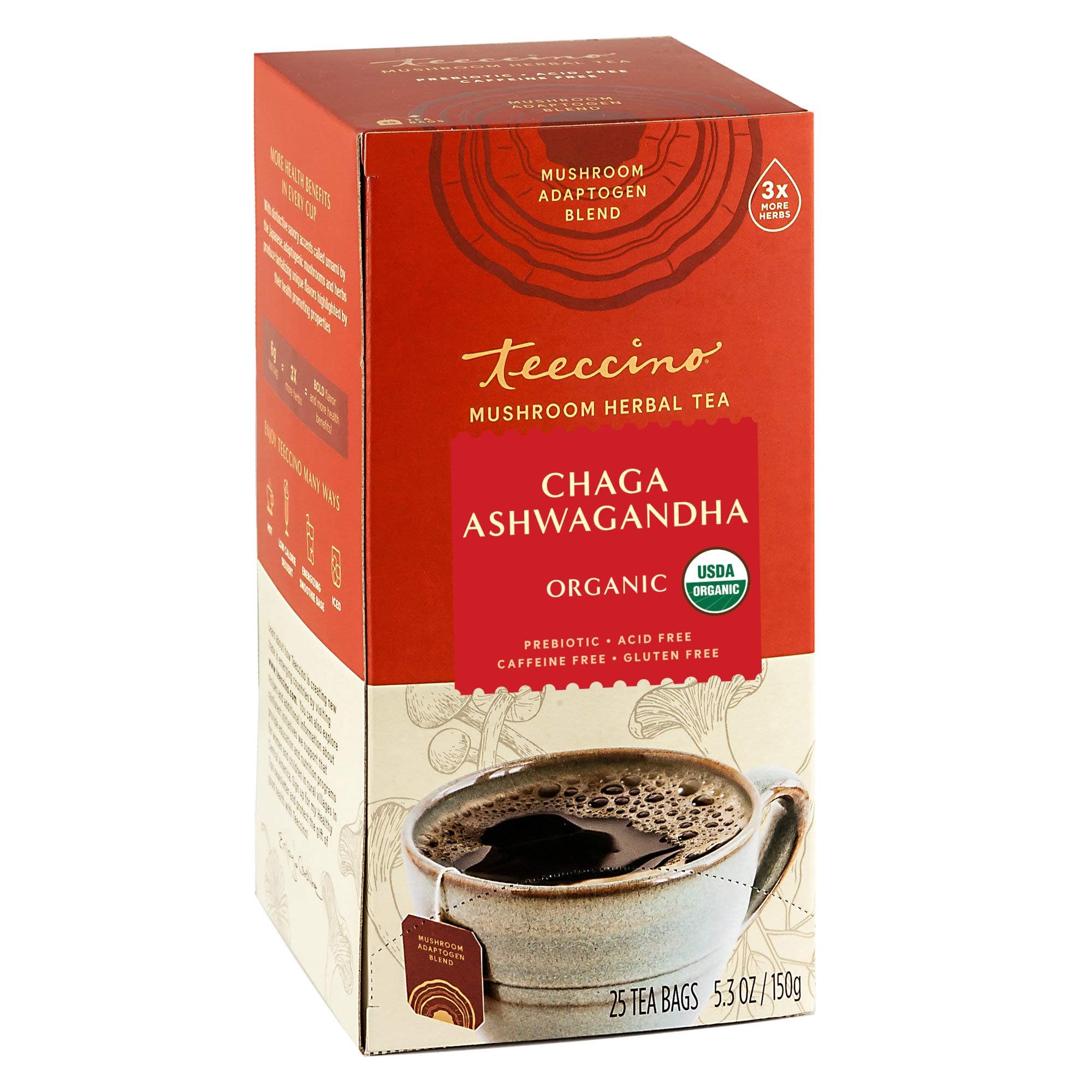 Teeccino front box showing butterscotch cream flavor and organic benefits