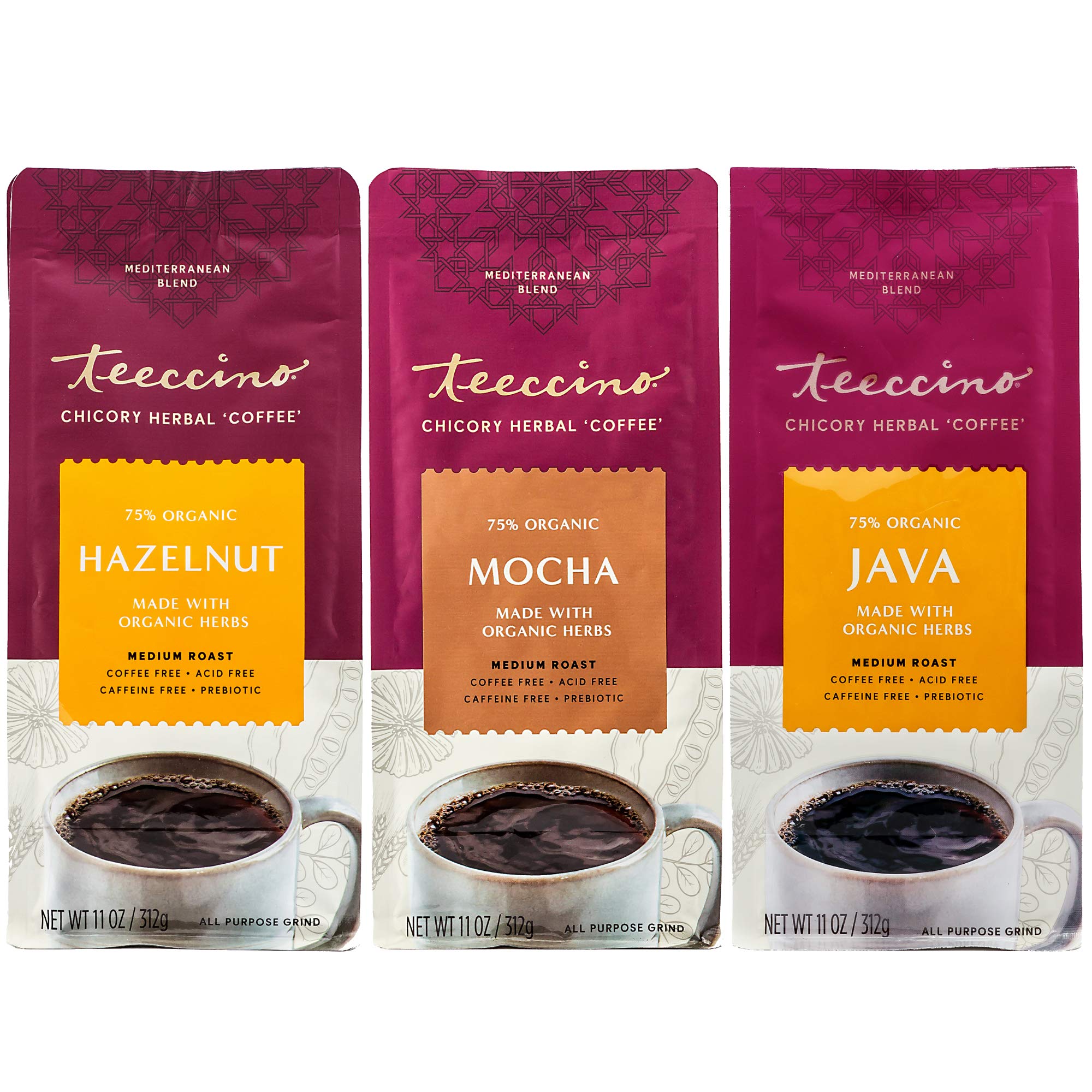 Teeccino front packaging of three-flavor variety pack showing brand and benefits