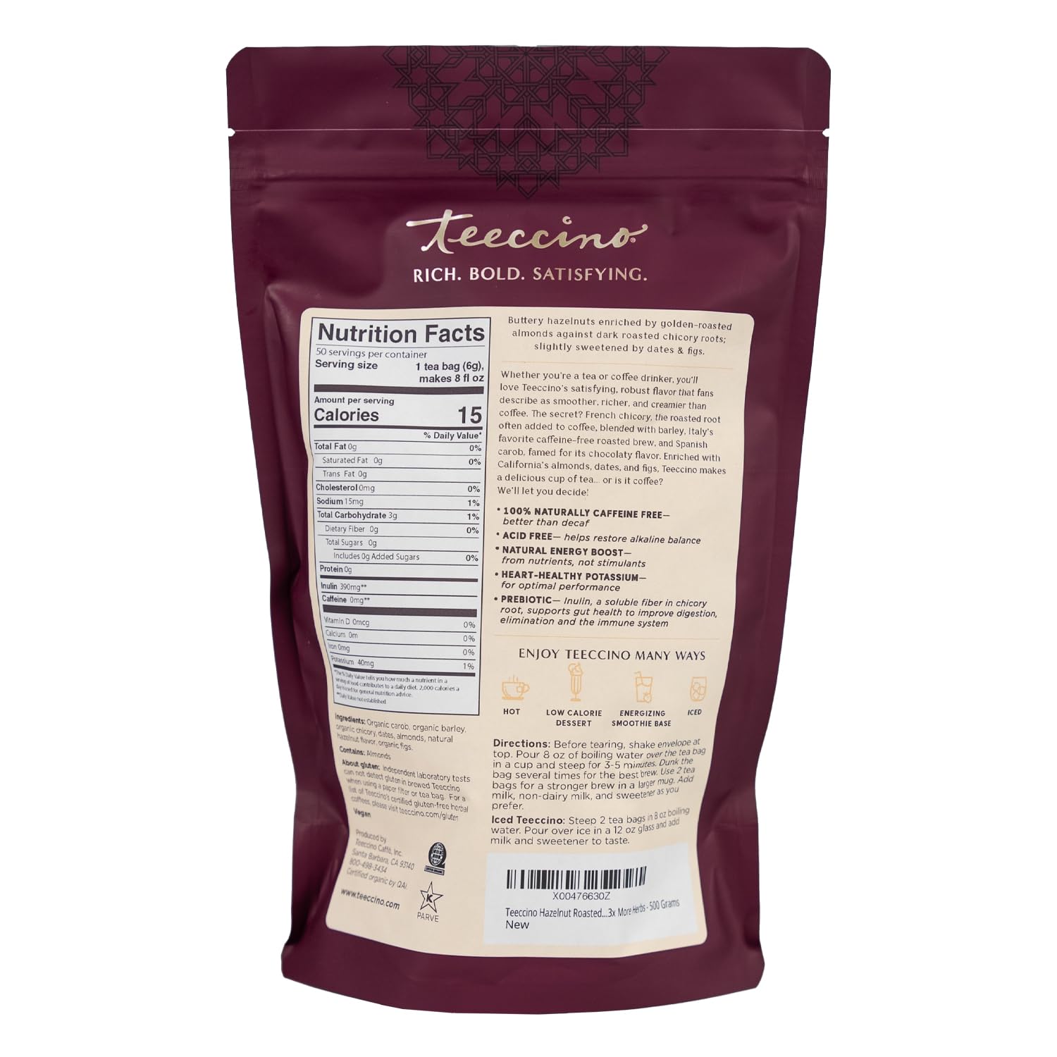 Teeccino dry blend top-down with roasted hazelnut and chicory pieces