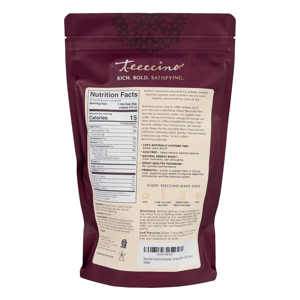 Teeccino dry blend top-down with roasted hazelnut and chicory pieces