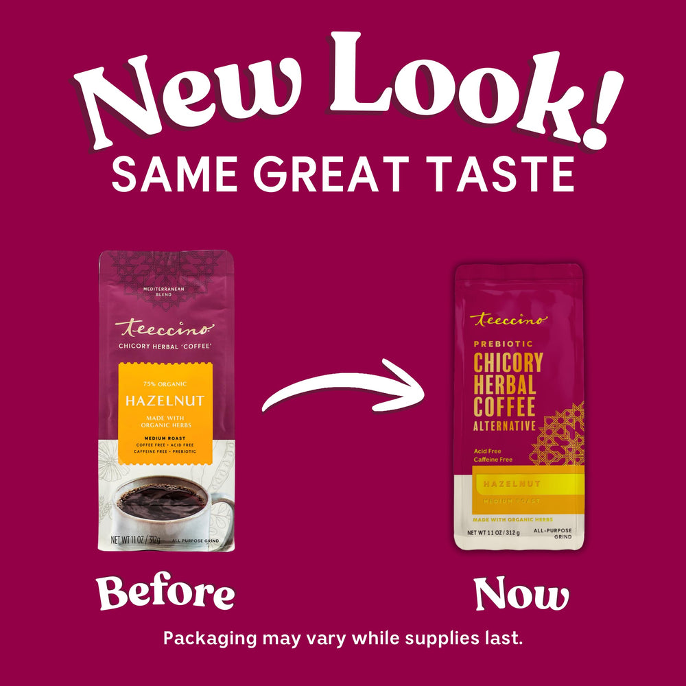 Teeccino grounds brewing in a French press for a full-bodied cup