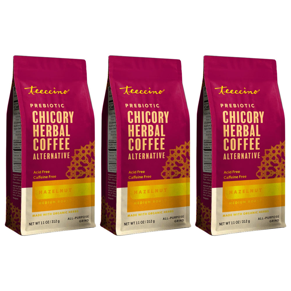 Teeccino front packaging showing hazelnut chicory benefits and organic seal