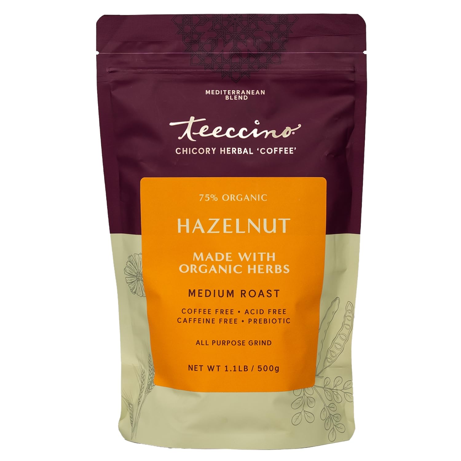 Teeccino front packaging showing brand and hazelnut blend benefits