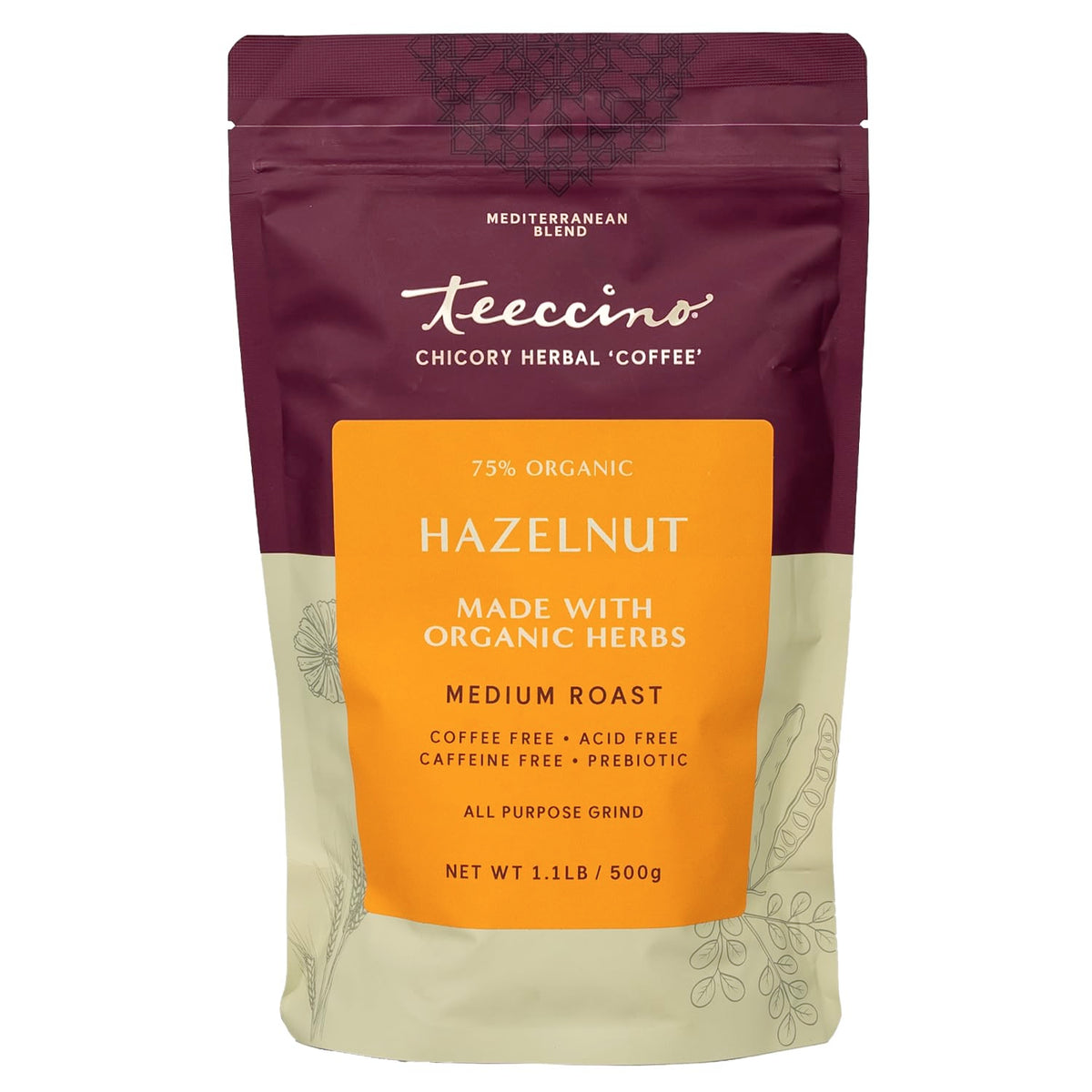 Teeccino front packaging showing brand and hazelnut blend benefits