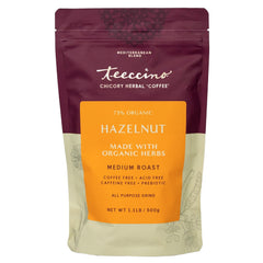 Teeccino front packaging showing brand and hazelnut blend benefits