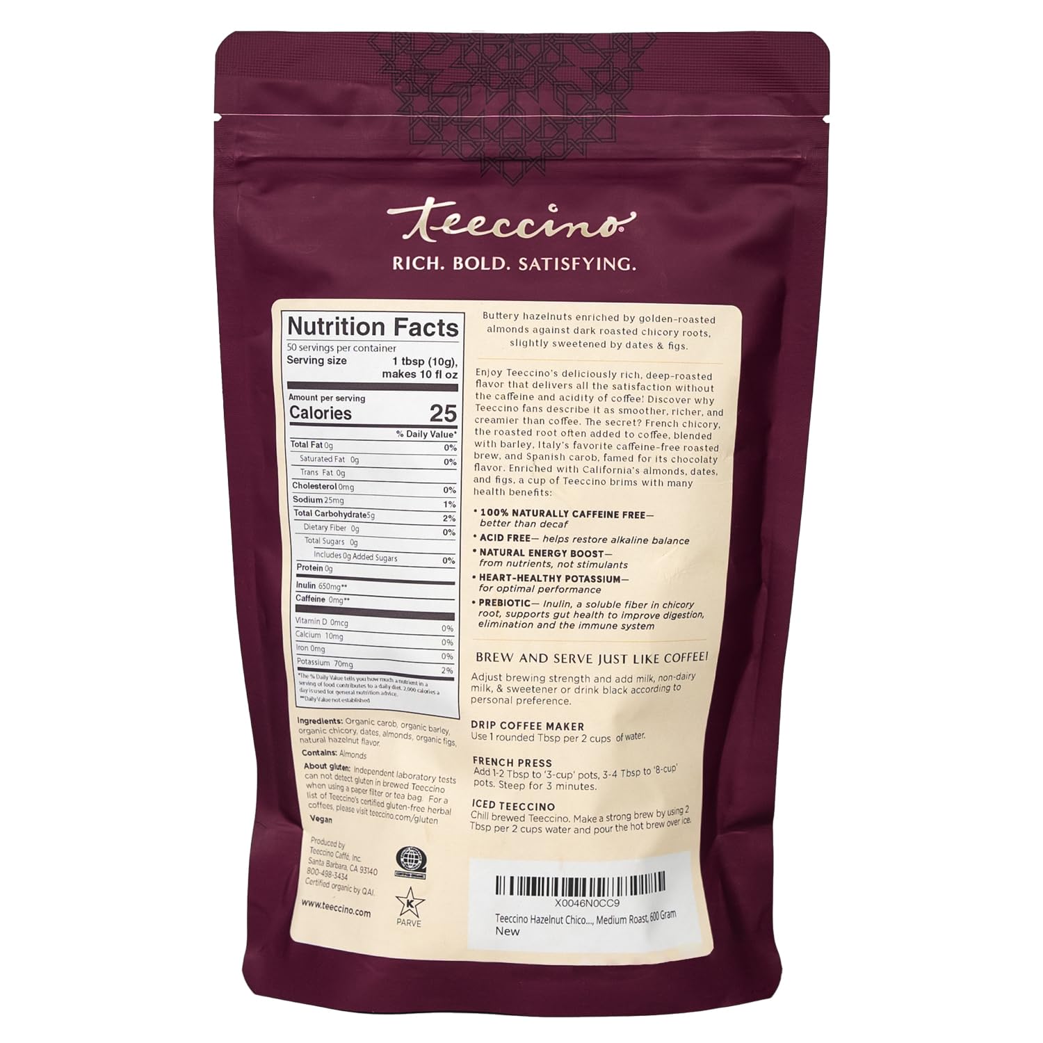 Ingredient label on Teeccino bag detailing organic, caffeine-free formula