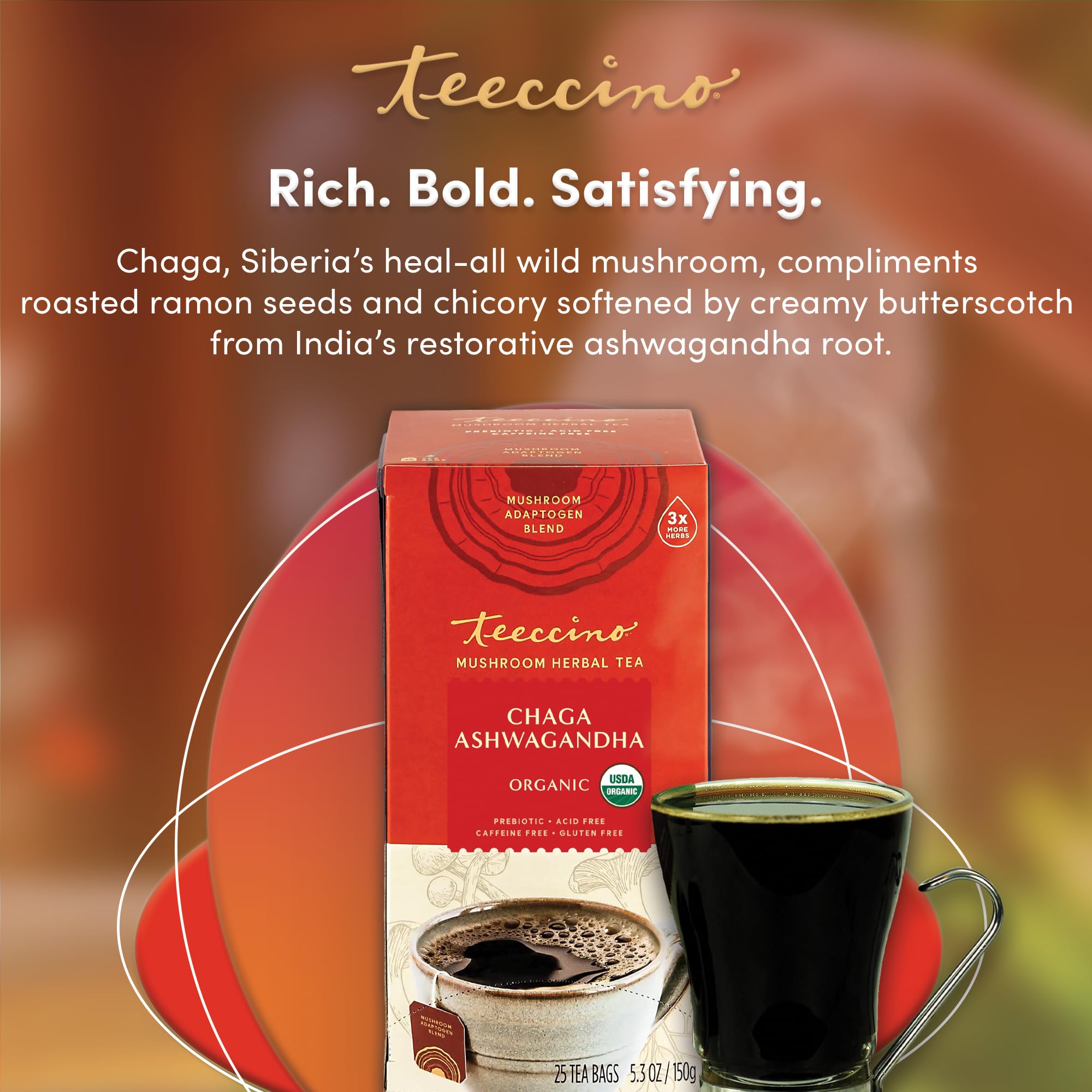 Chilled Teeccino poured over ice in glass conveying refreshing summer drink