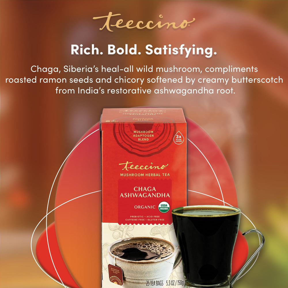 Chilled Teeccino poured over ice in glass conveying refreshing summer drink