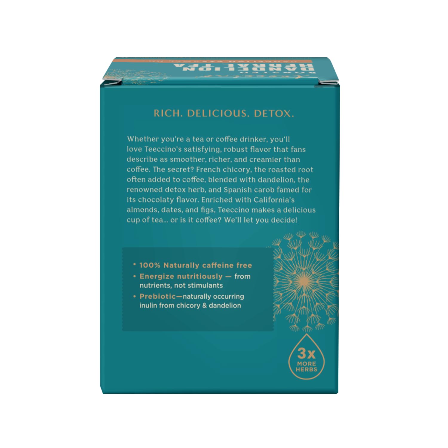Teeccino ingredient spread of dandelion, chicory, dates, figs and almonds display benefits