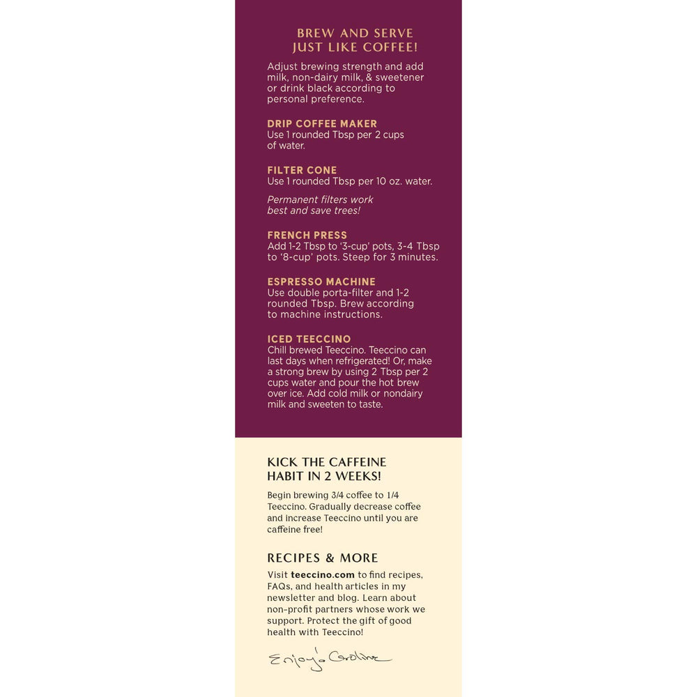 Teeccino label nutrition detail highlighting prebiotic inulin amount