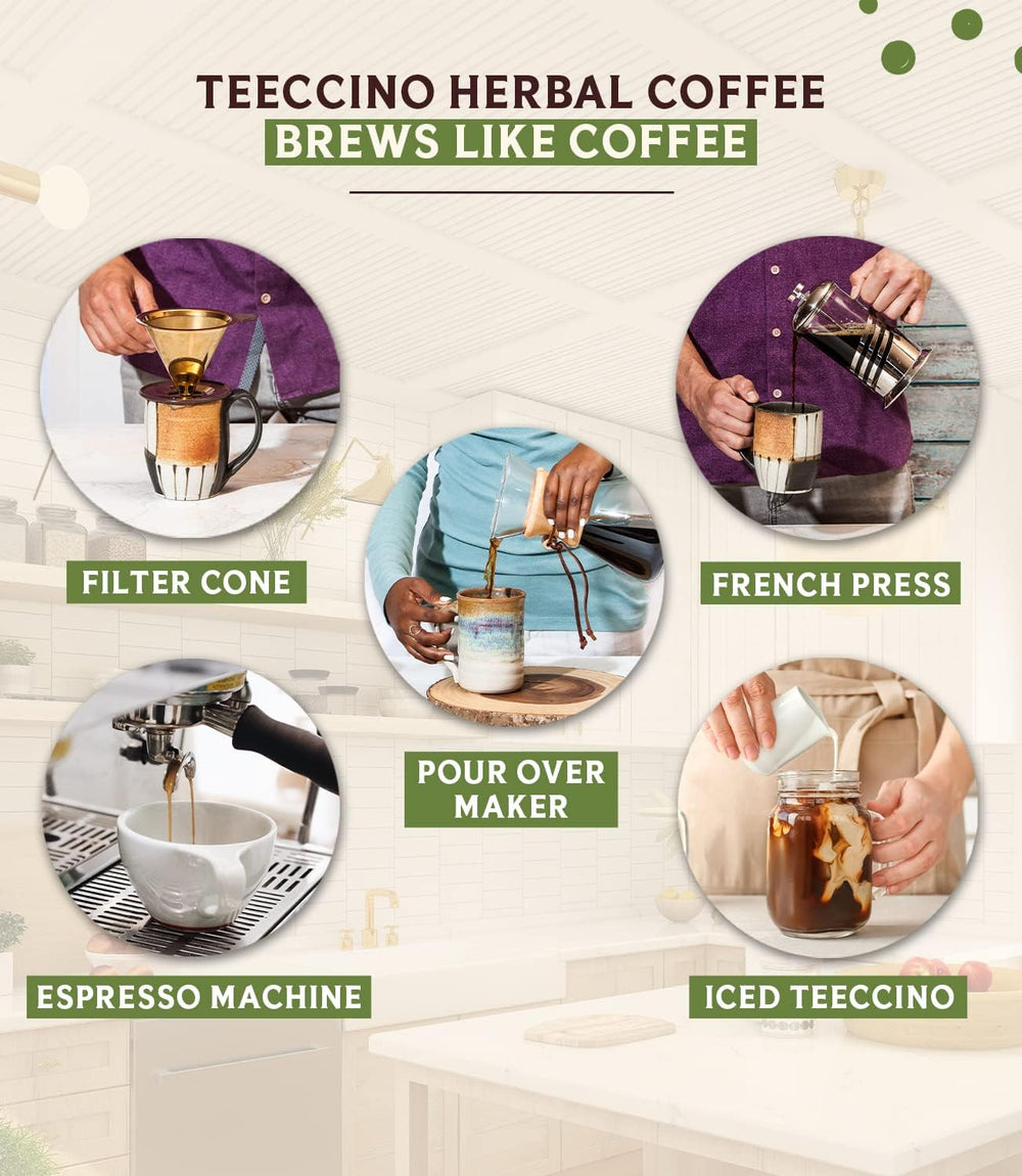 Teeccino in kitchen lifestyle breakfast scene conveying family-friendly beverage