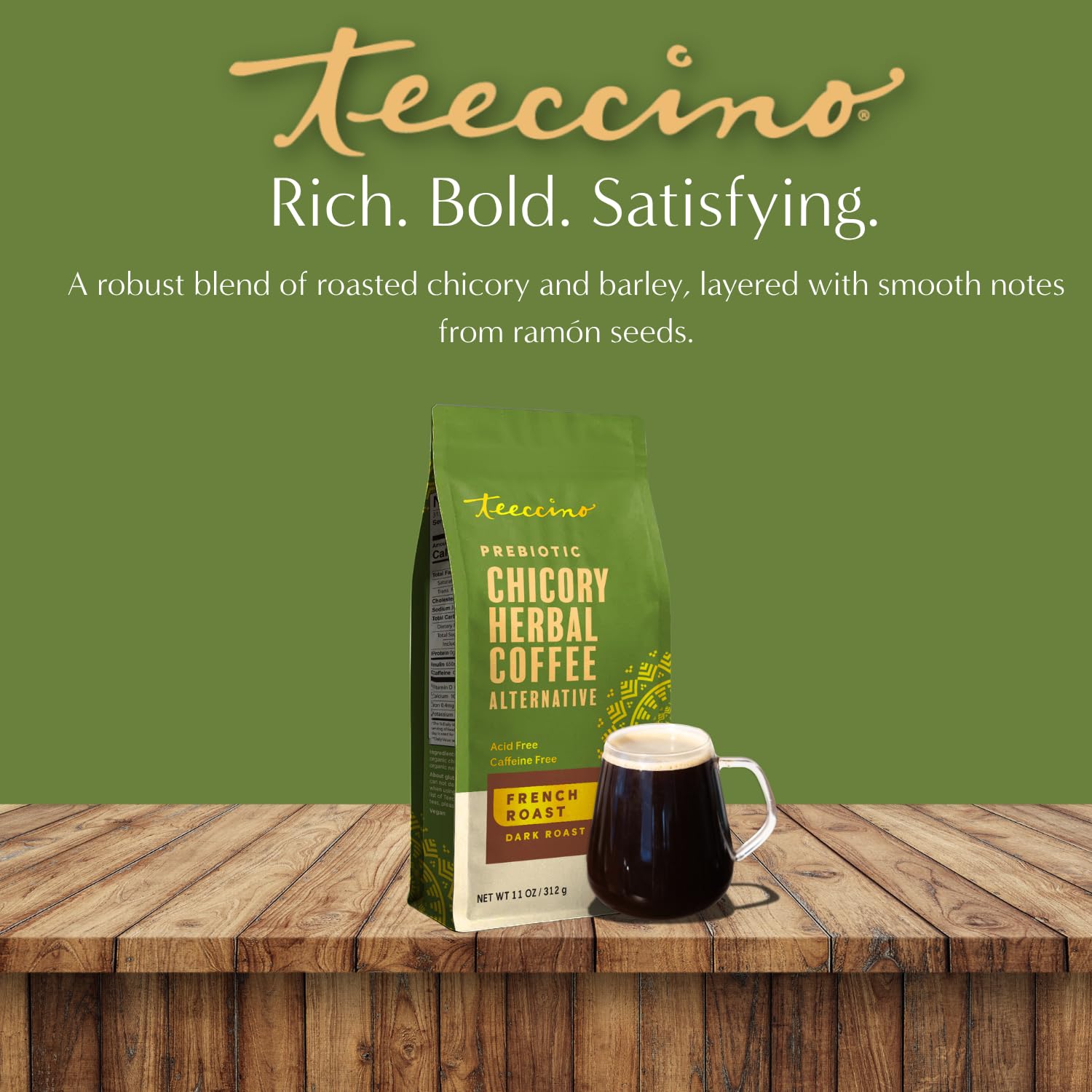 Teeccino label ingredients closeup displaying organic herb benefits