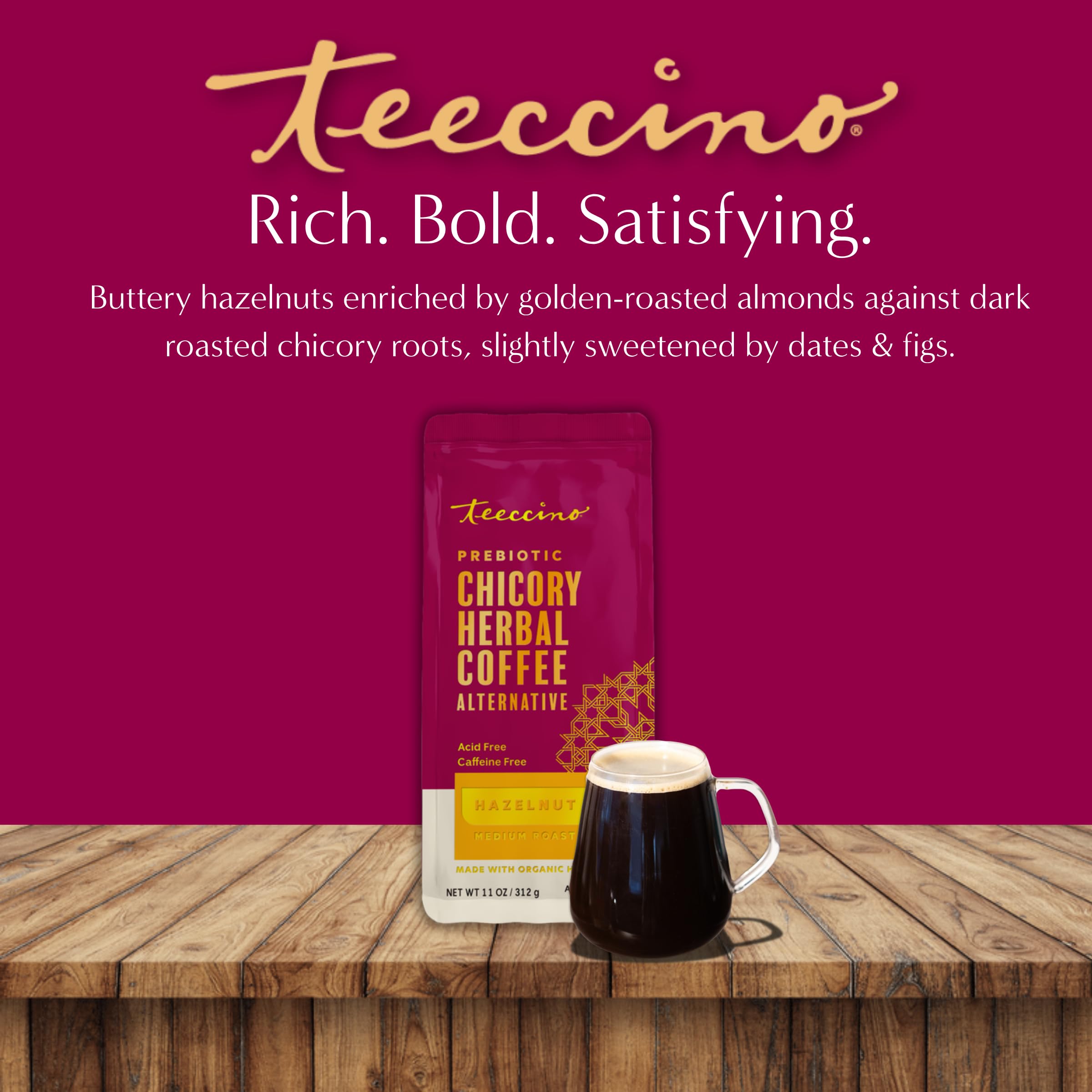 Teeccino label ingredients detail showing organic, caffeine-free benefits