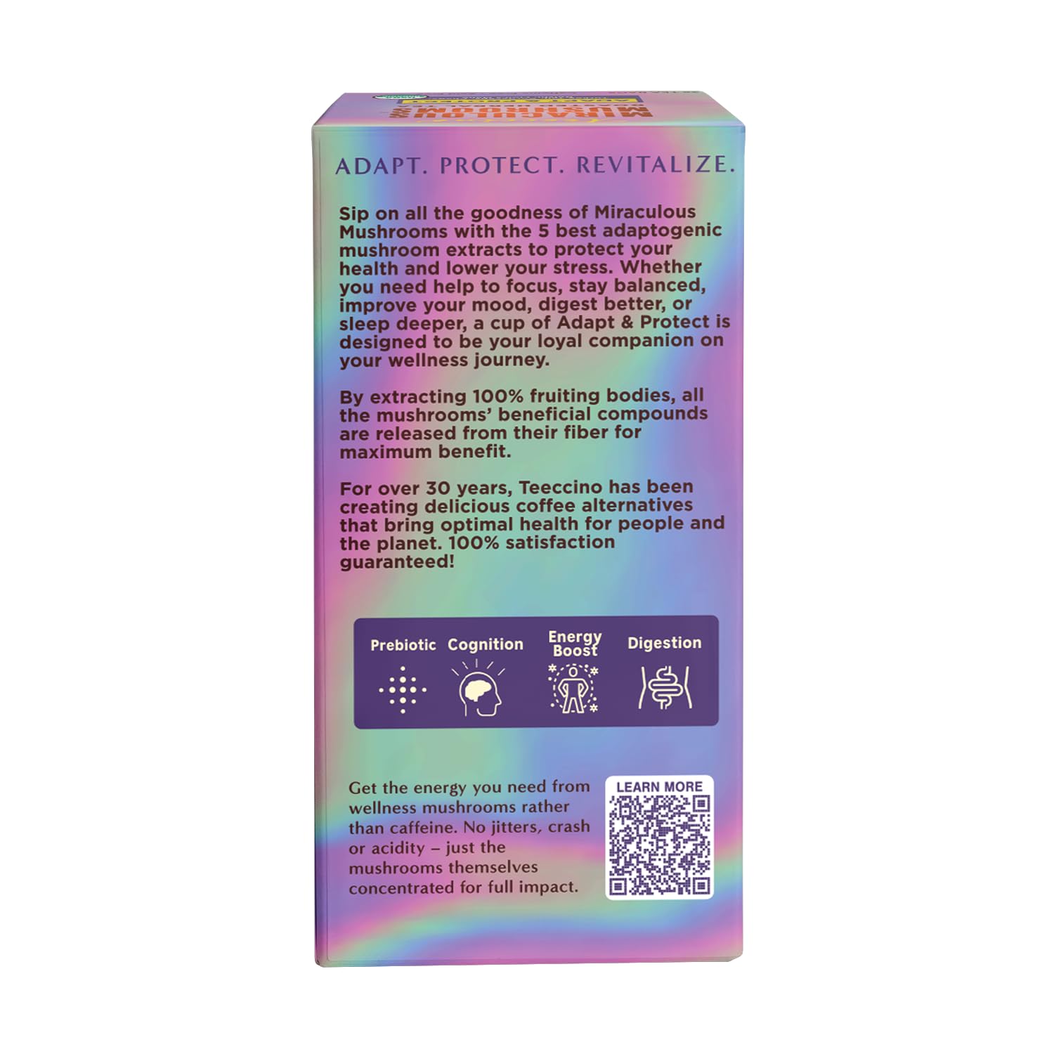 Teeccino label close-up showing ingredients and no-maltodextrin claim