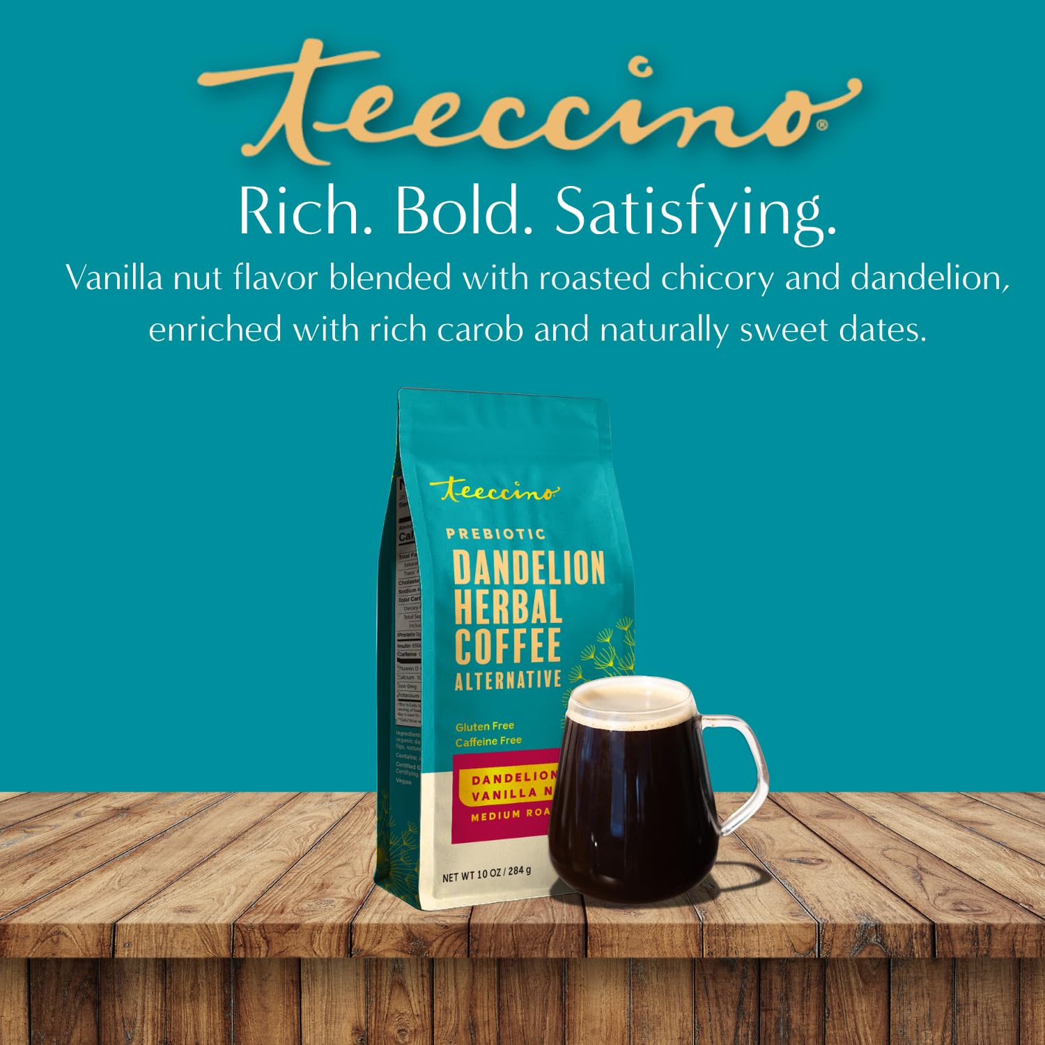 Teeccino latte art in mug showcasing foamability and café-style presentation