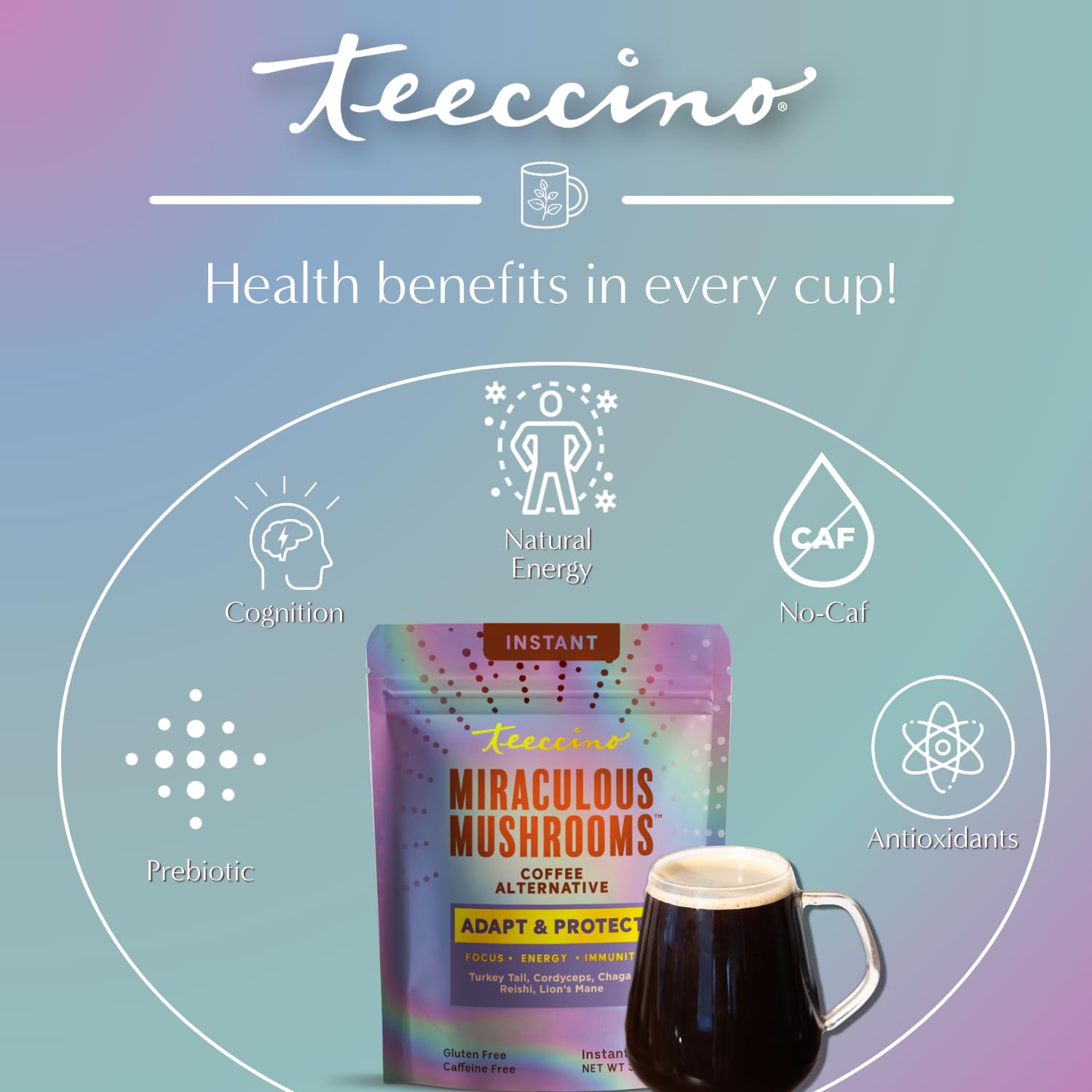 Close-up microground texture of Teeccino powder, brand and smooth mix benefit