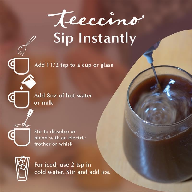 Teeccino jar beside common objects for scale, brand and portability benefit