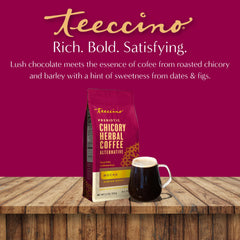 Teeccino brewed cup with steam showing warm chocolate-like flavor