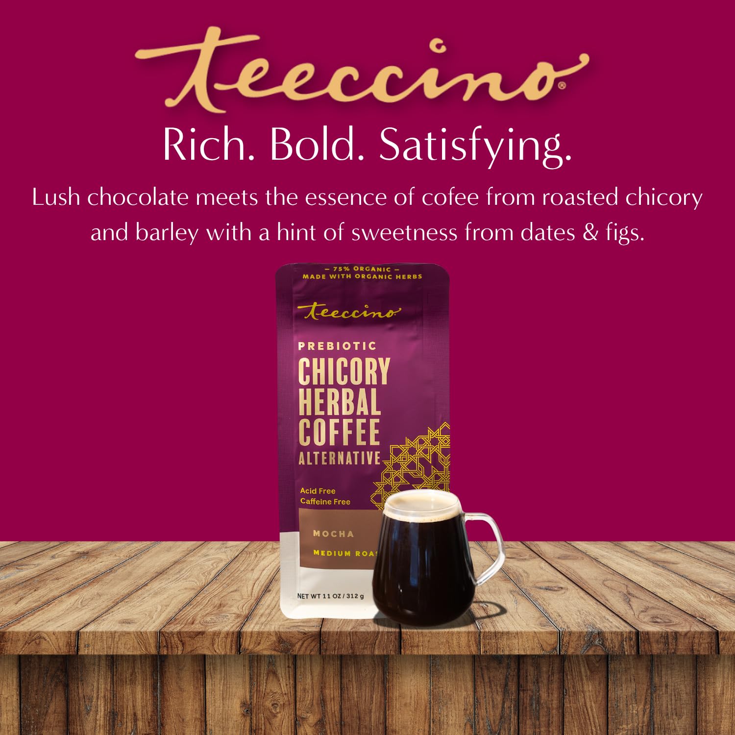 Teeccino raw ingredients display showing organic chicory and fruits
