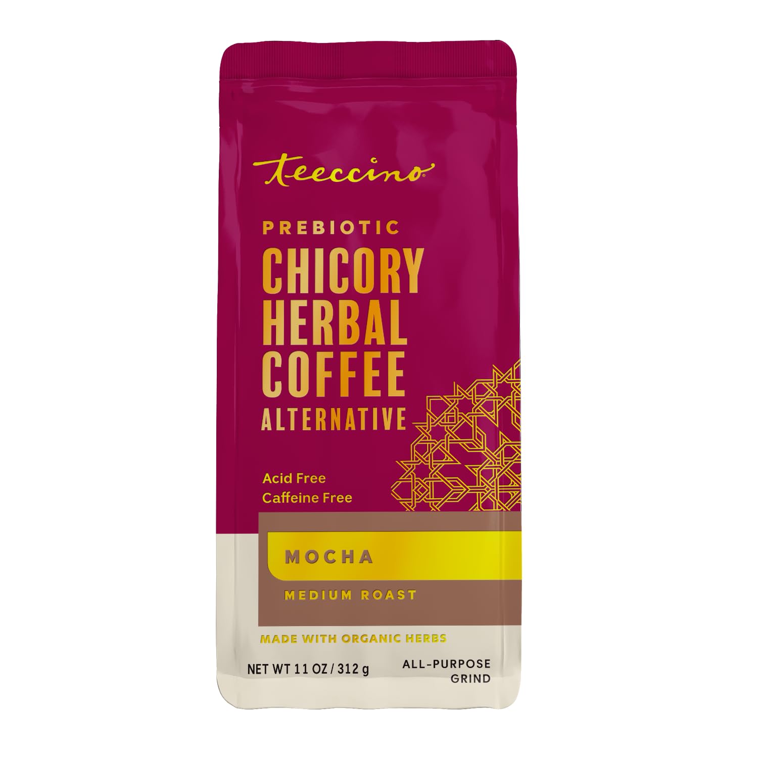 Teeccino jar beside coffee cup showing package size and scale