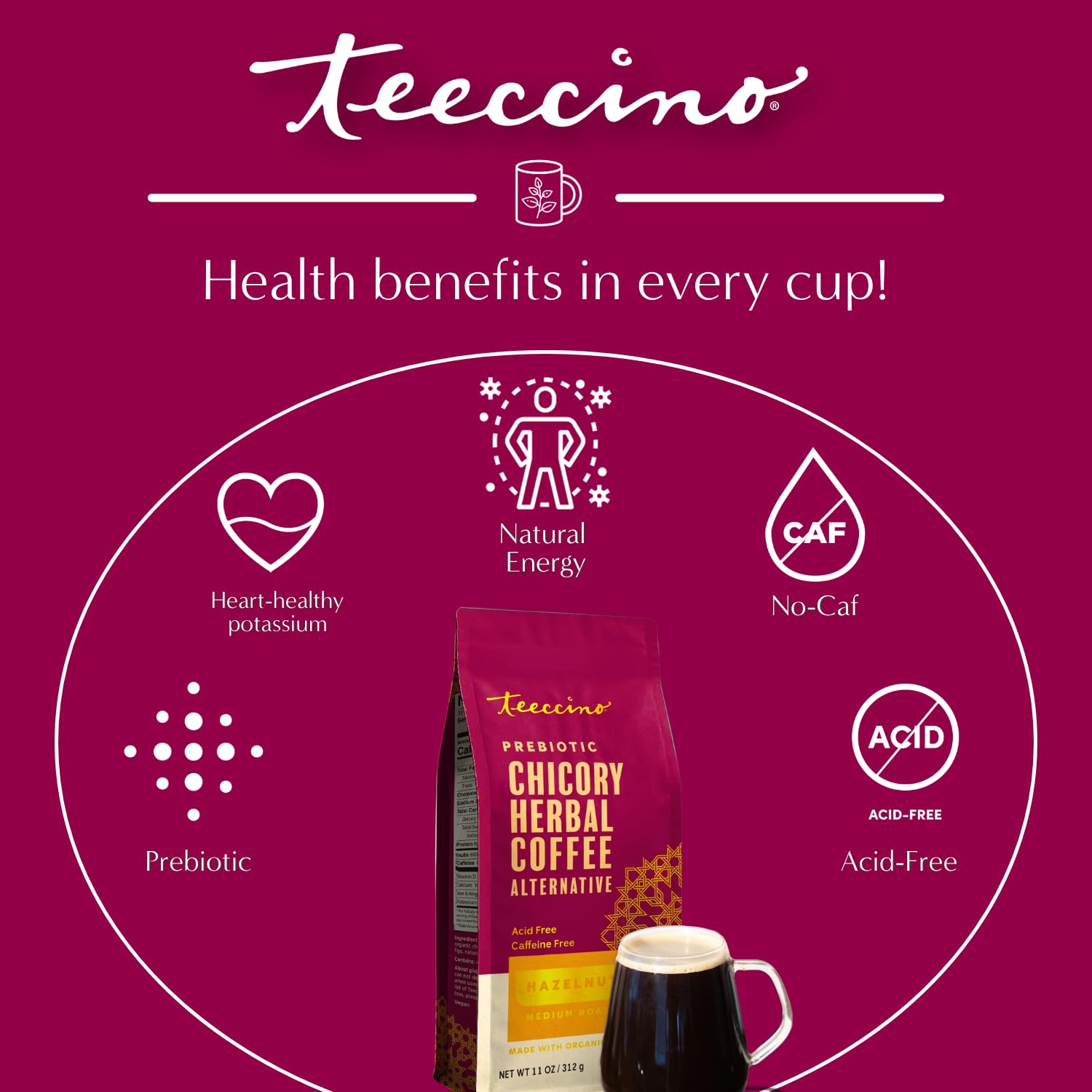 Teeccino poured into mug hot for soothing nighttime enjoyment