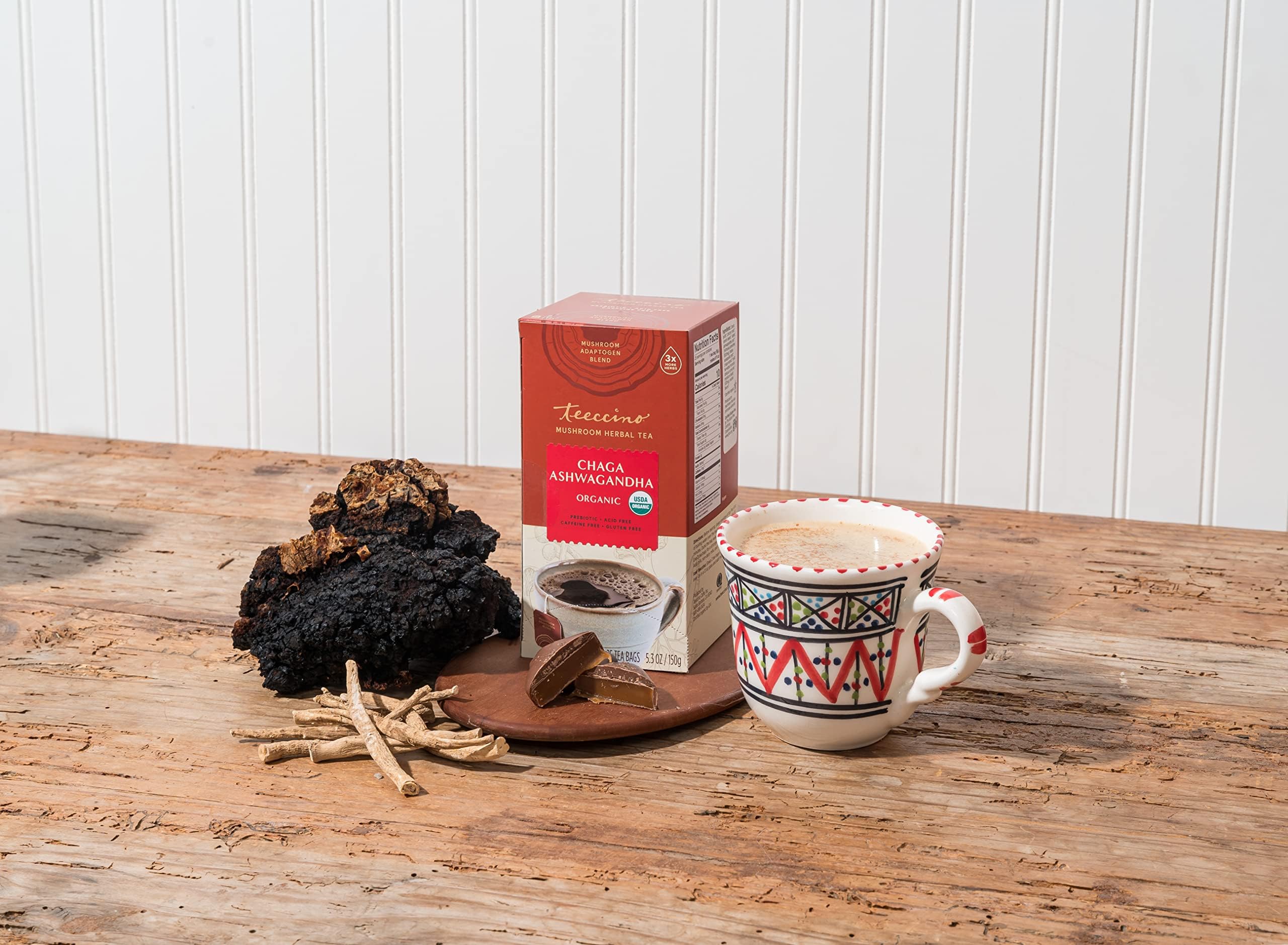 Teabag beside ruler showing Teeccino teabag size and concentrated herb content