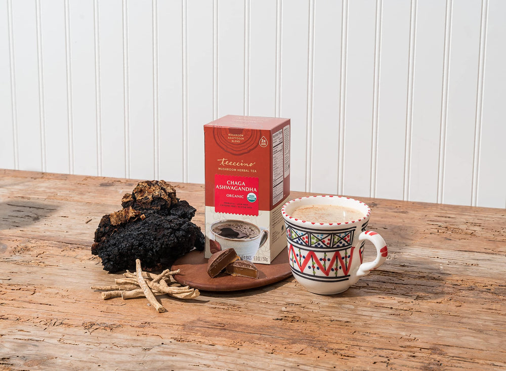 Teabag beside ruler showing Teeccino teabag size and concentrated herb content