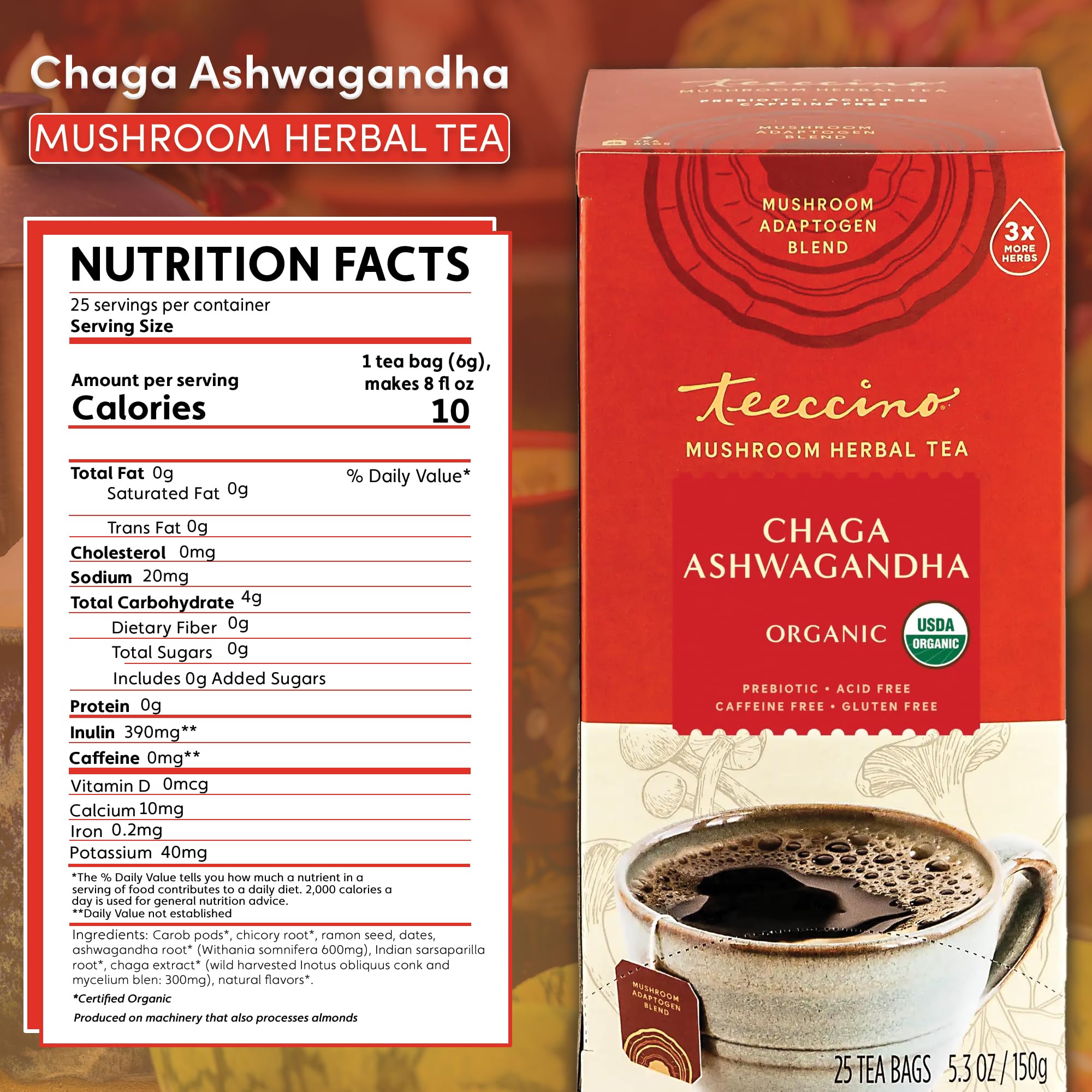 Teeccino teabag label close-up highlighting 3x herbs and caffeine-free benefit