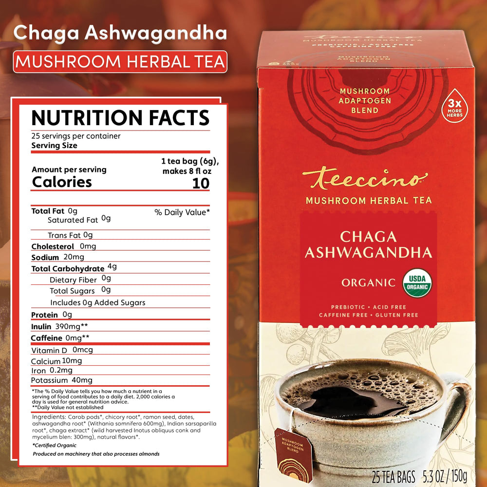 Teeccino teabag label close-up highlighting 3x herbs and caffeine-free benefit