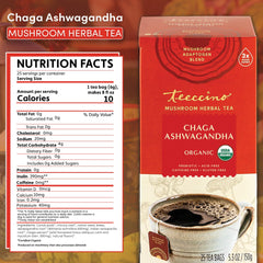 Teeccino teabag label close-up highlighting 3x herbs and caffeine-free benefit