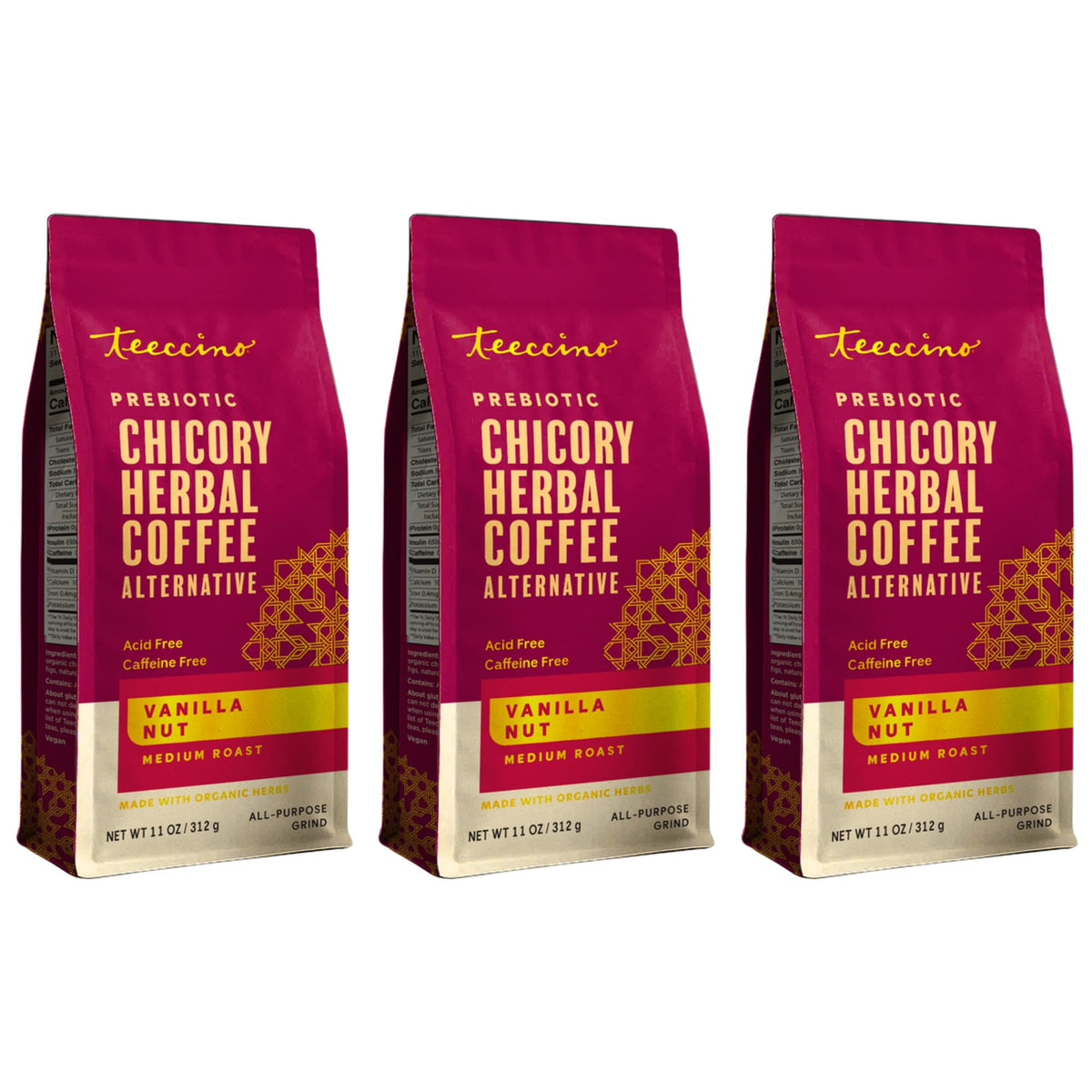 Teeccino front packaging showing label and net weight, clear benefits visible