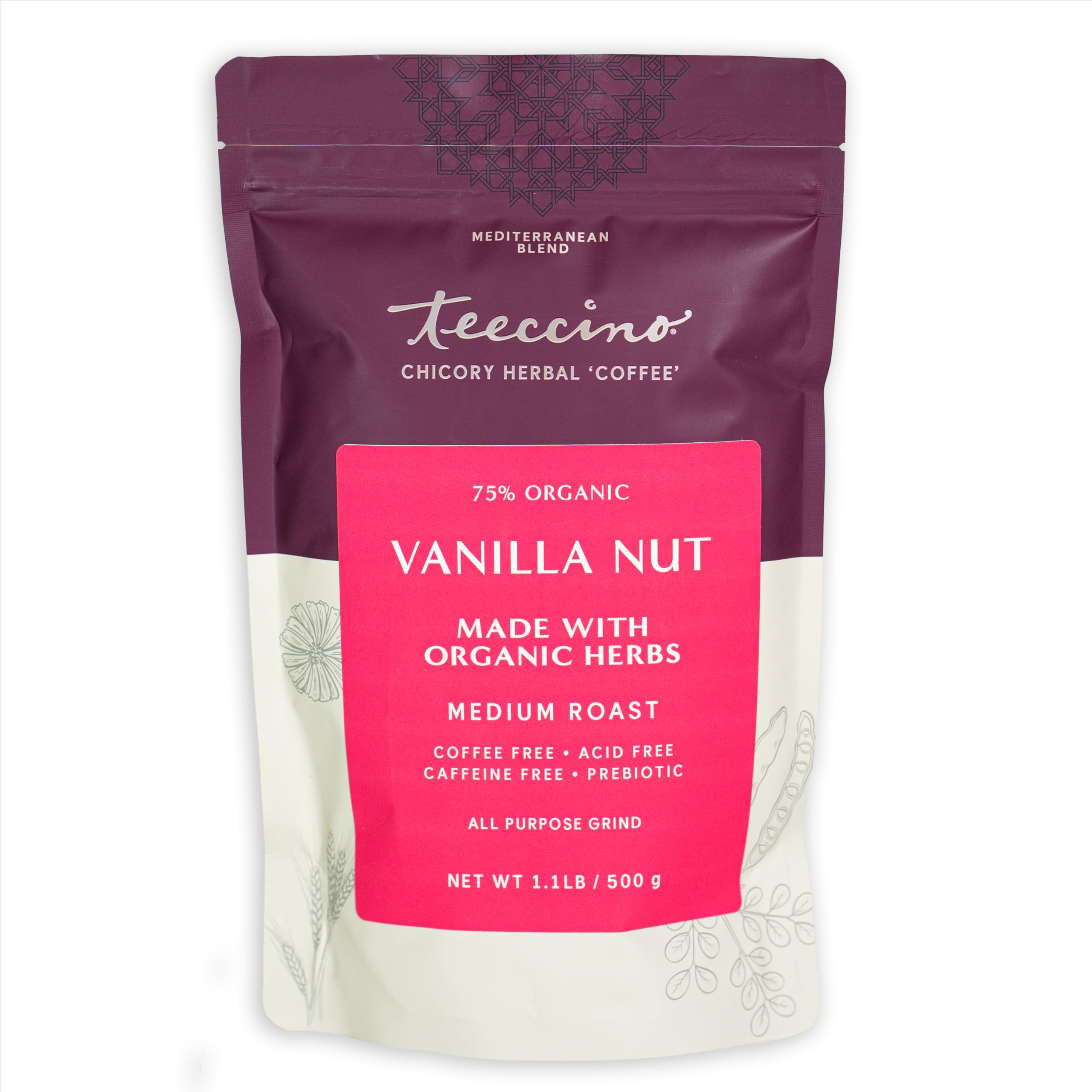 Teeccino front packaging showing vanilla nut blend and benefits
