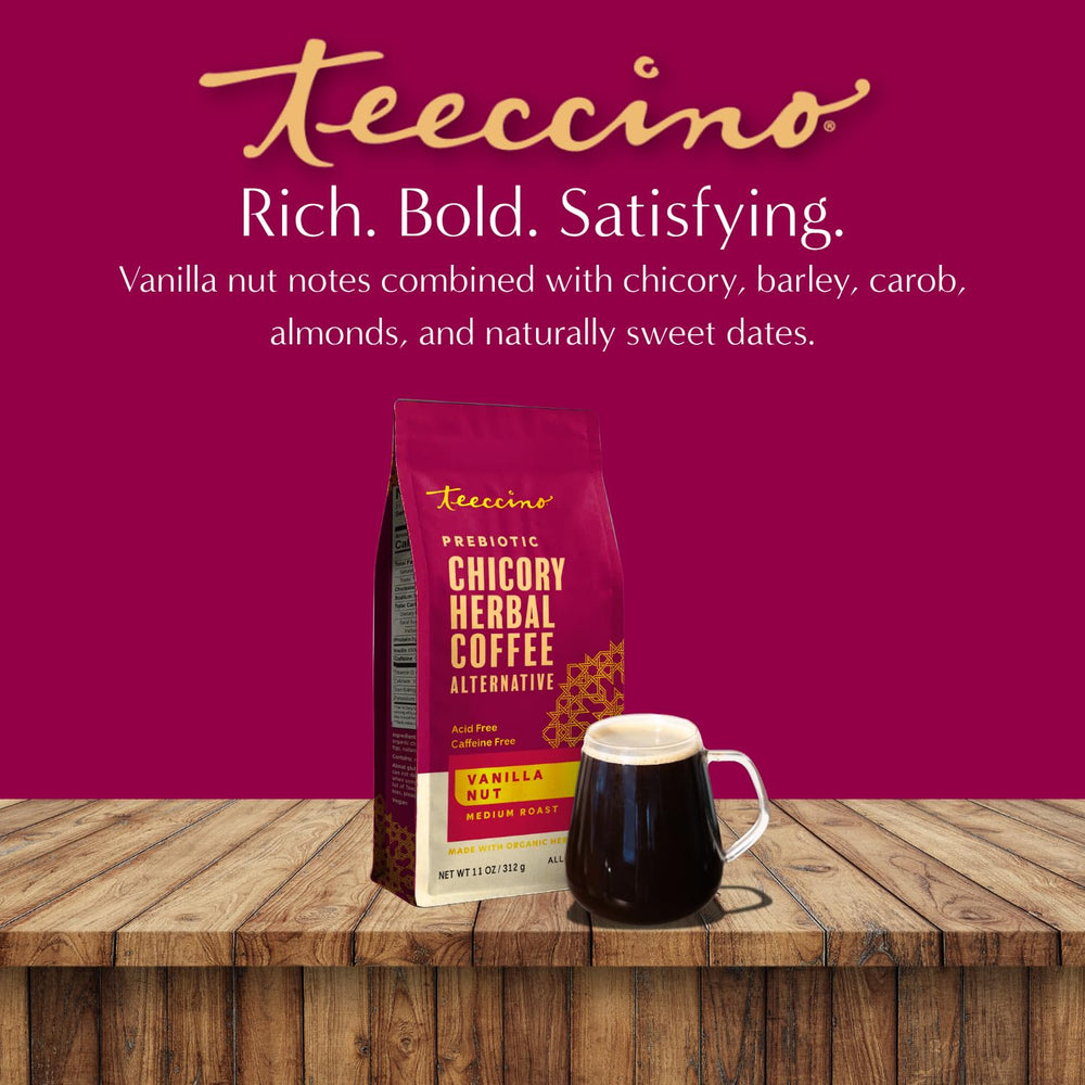 Teeccino 11 oz package beside ruler for size and weight comparison