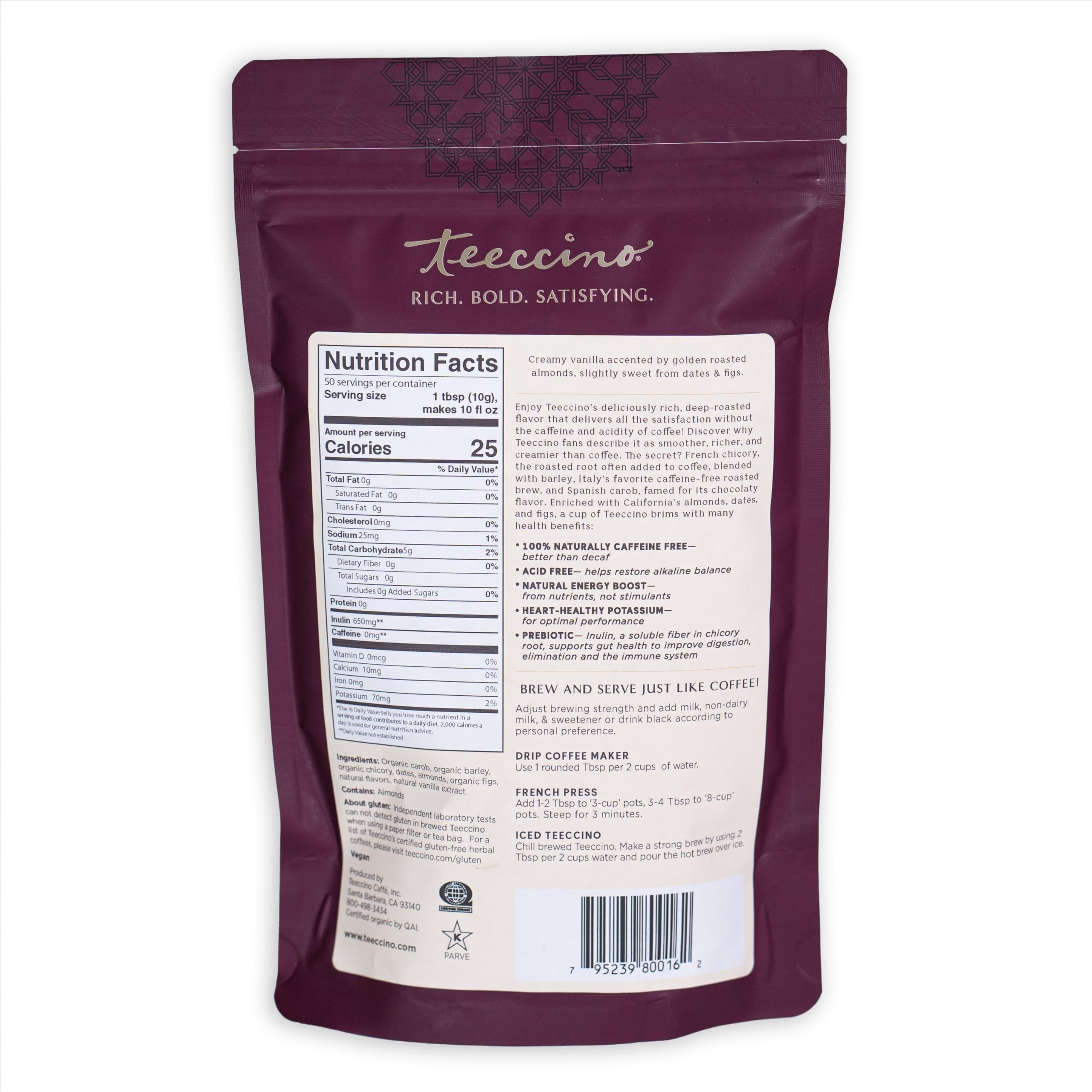 Teeccino pouch next to measuring scoop showing 1.1 pound scale