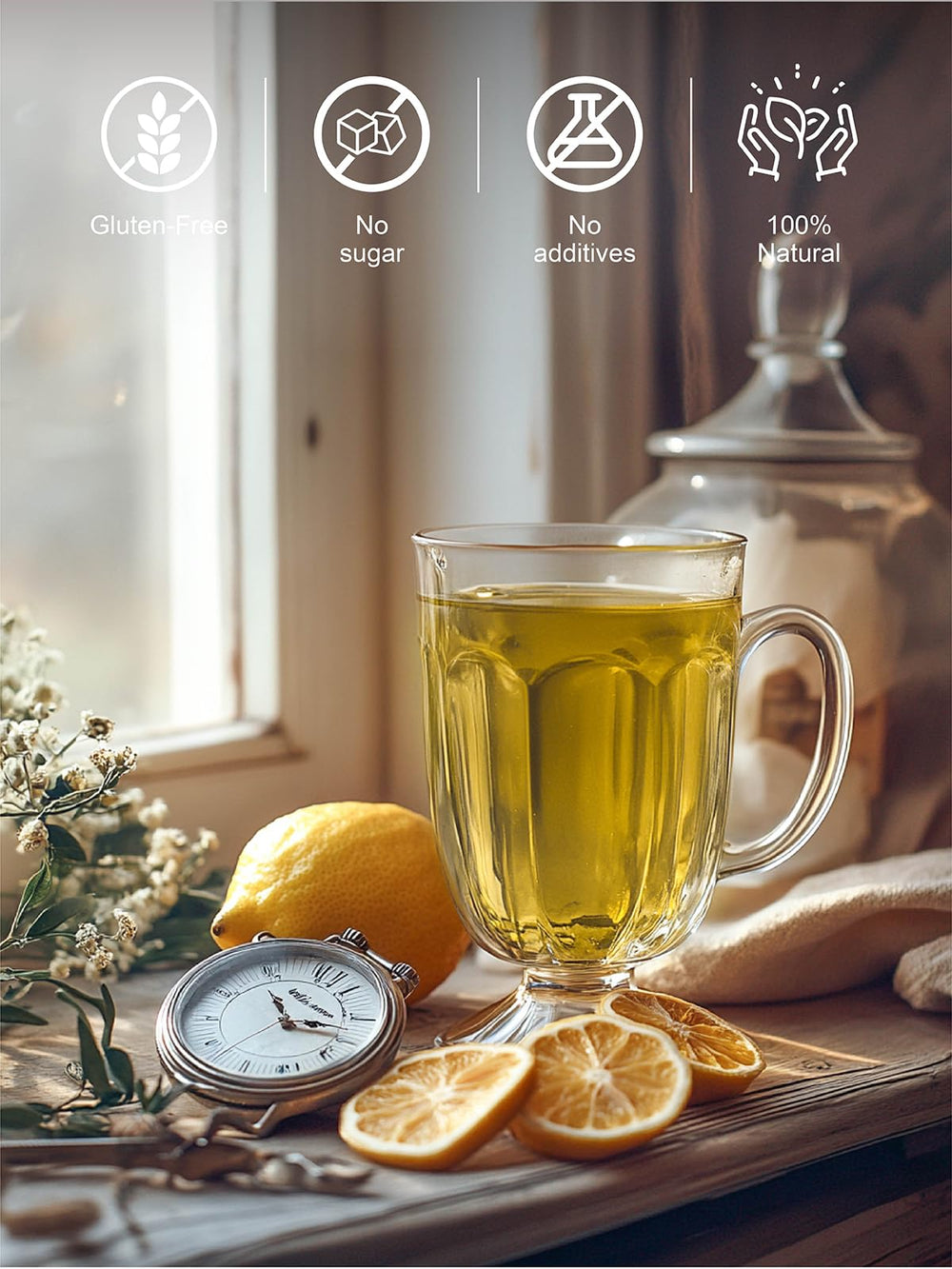 TeeLux brewed cup steaming to highlight smooth, caffeine-free sip