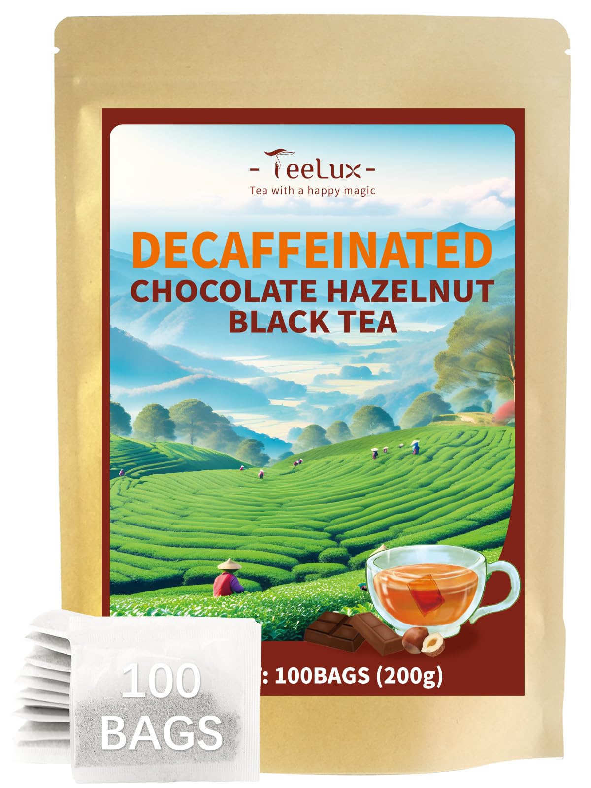 TeeLux front packaging showing 100-count decaf chocolate hazelnut tea benefiting convenience