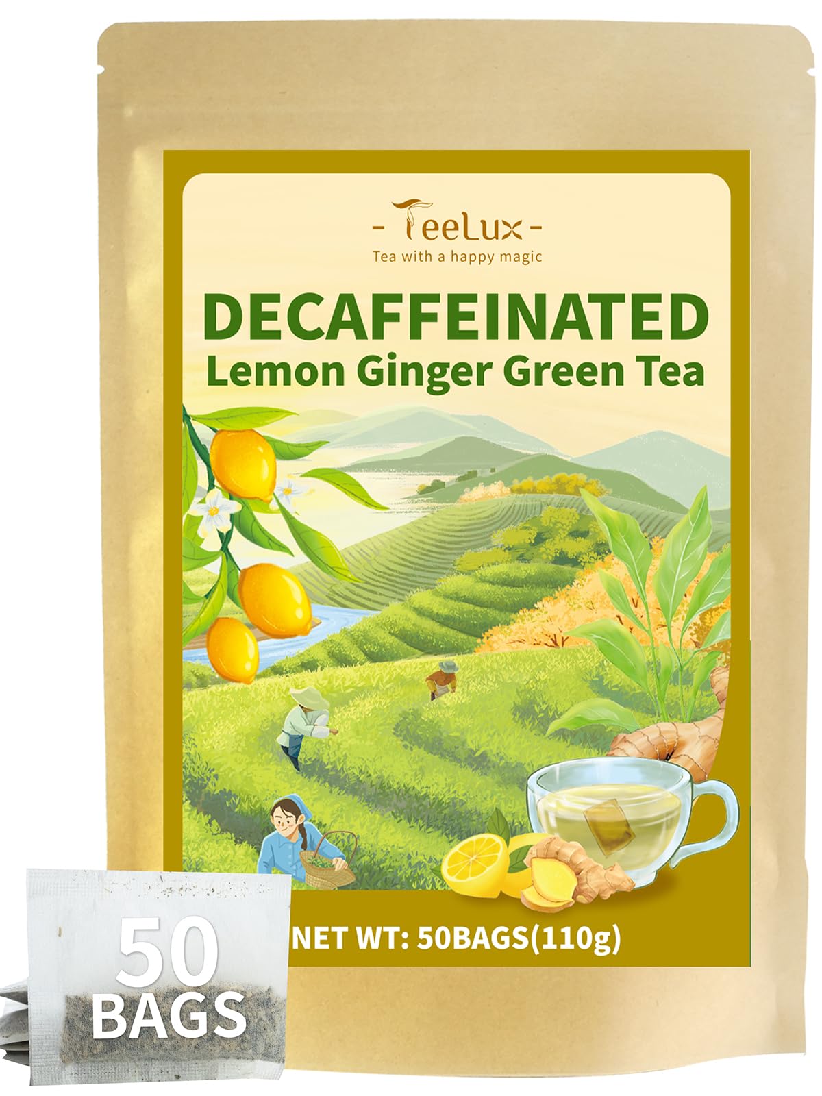 TeeLux front packaging showing lemon ginger decaf and 50 count benefit