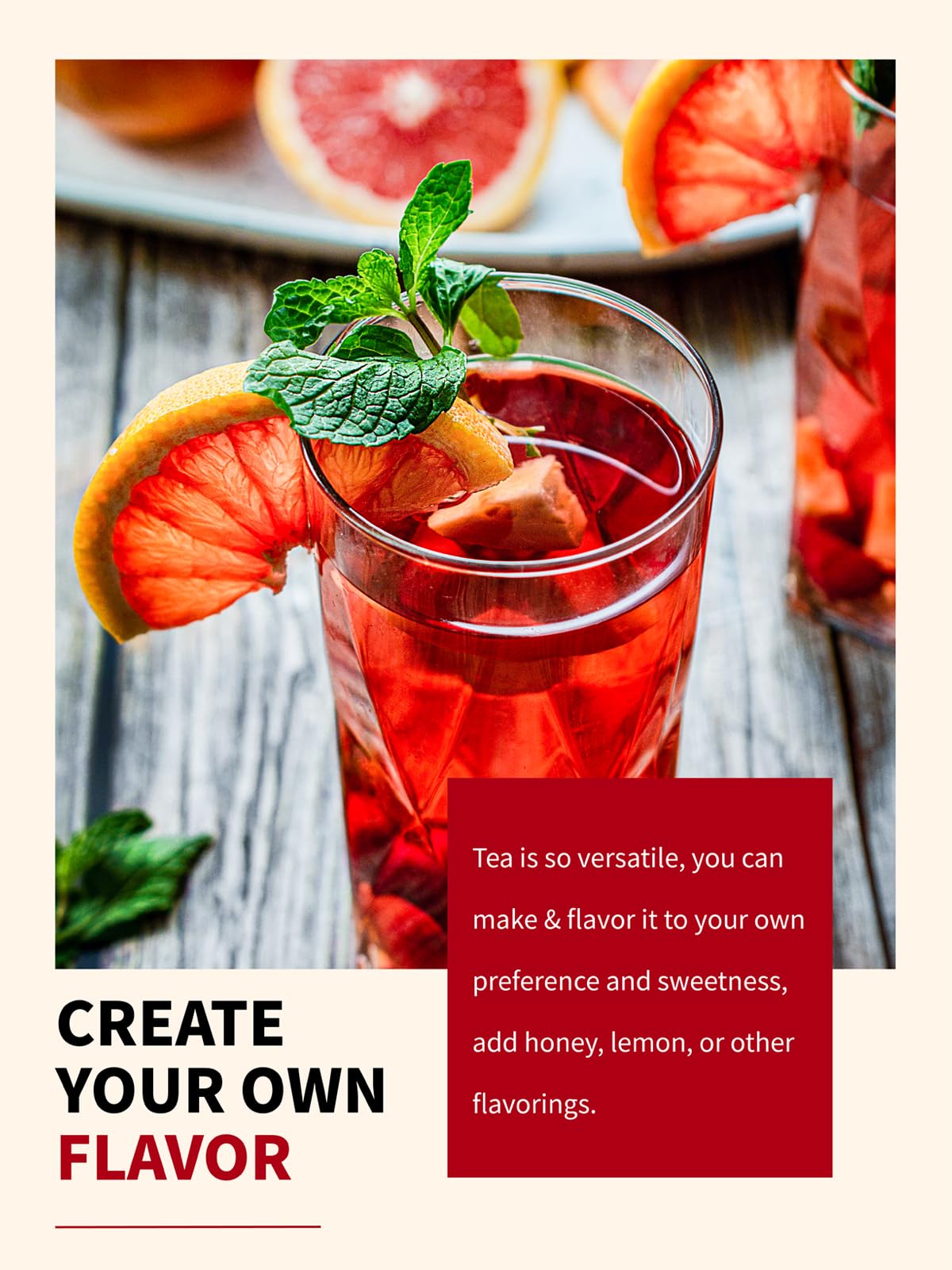 TeeLux iced pitcher with deep red hibiscus tea served over ice