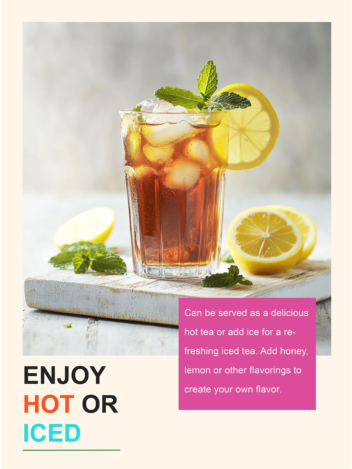 TeeLux iced pitcher served over ice highlighting a cool, caffeine-free refreshment