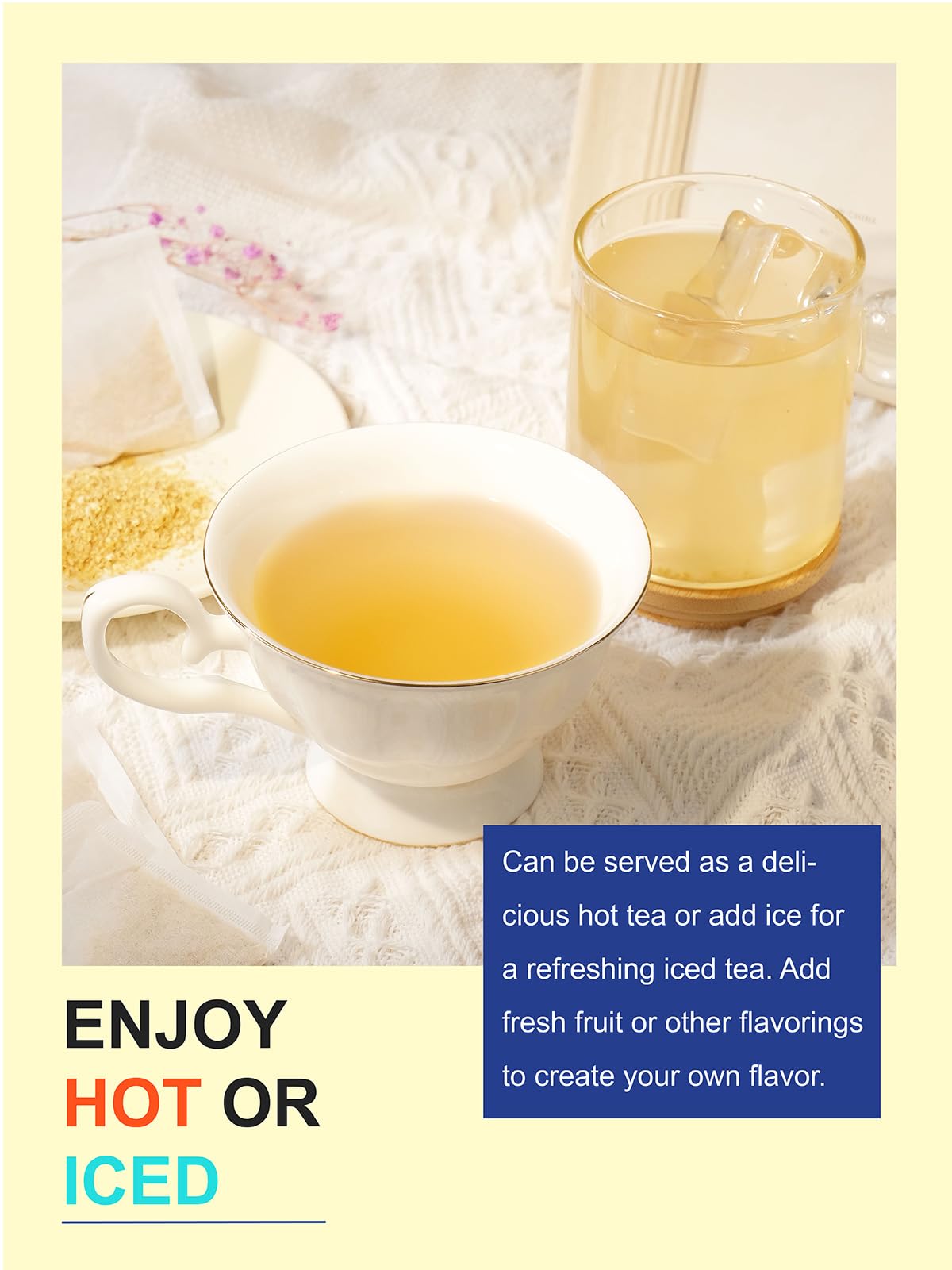 Single TeeLux tea bag on hand showing non-GMO plant fiber and no strings