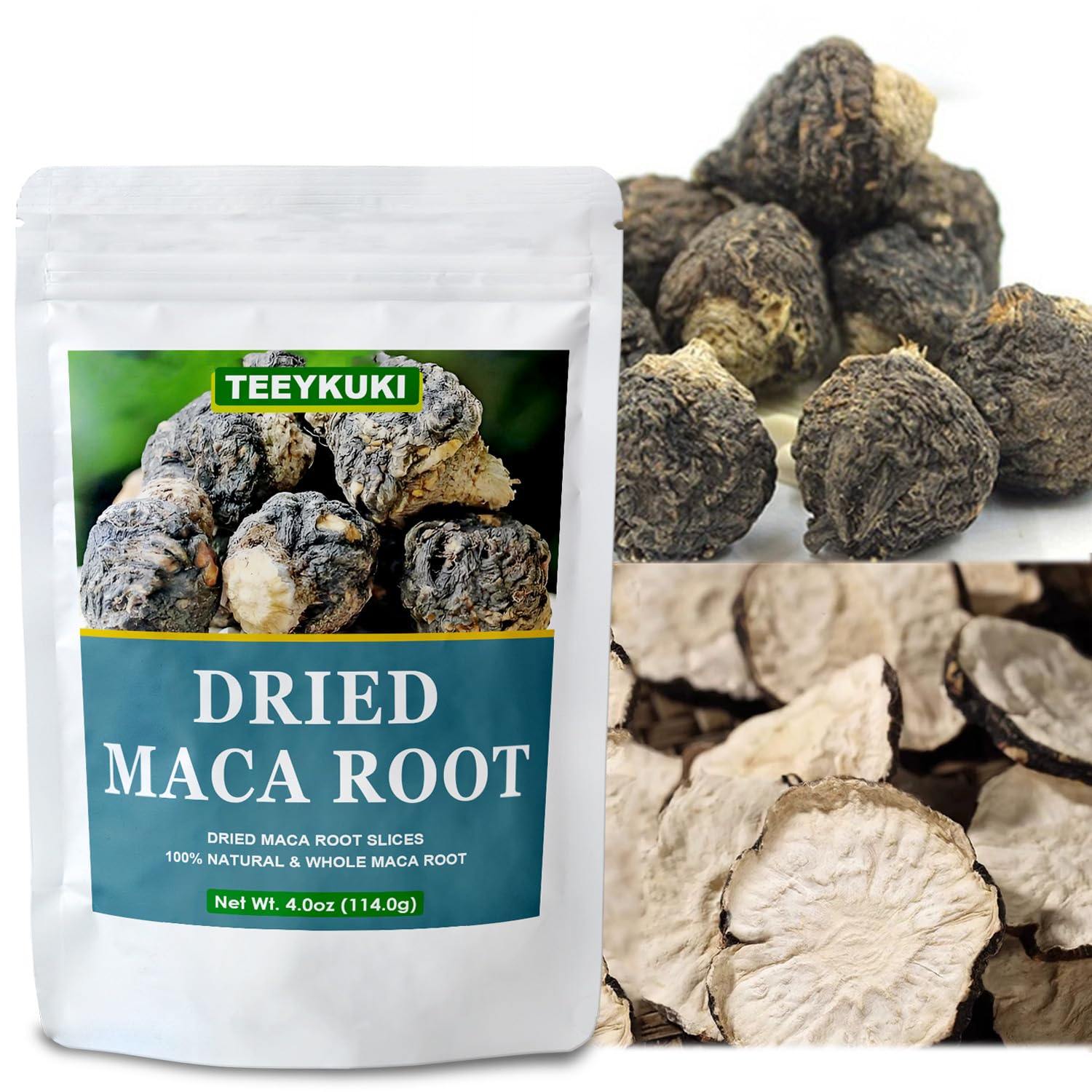 TEEYKUKI ground maca powder beside slices, shows versatility for recipes benefit