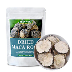 TEEYKUKI black maca slices steeping in teacup, demonstrates easy infusion benefit
