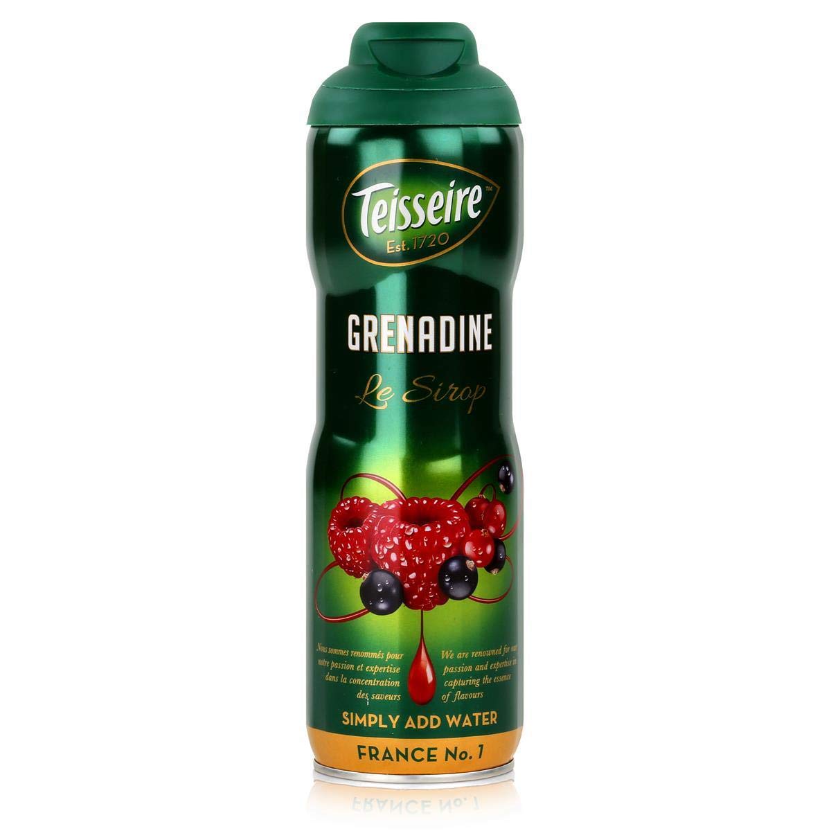 Teisseire bottle front view showing label and size, clear French origin benefit
